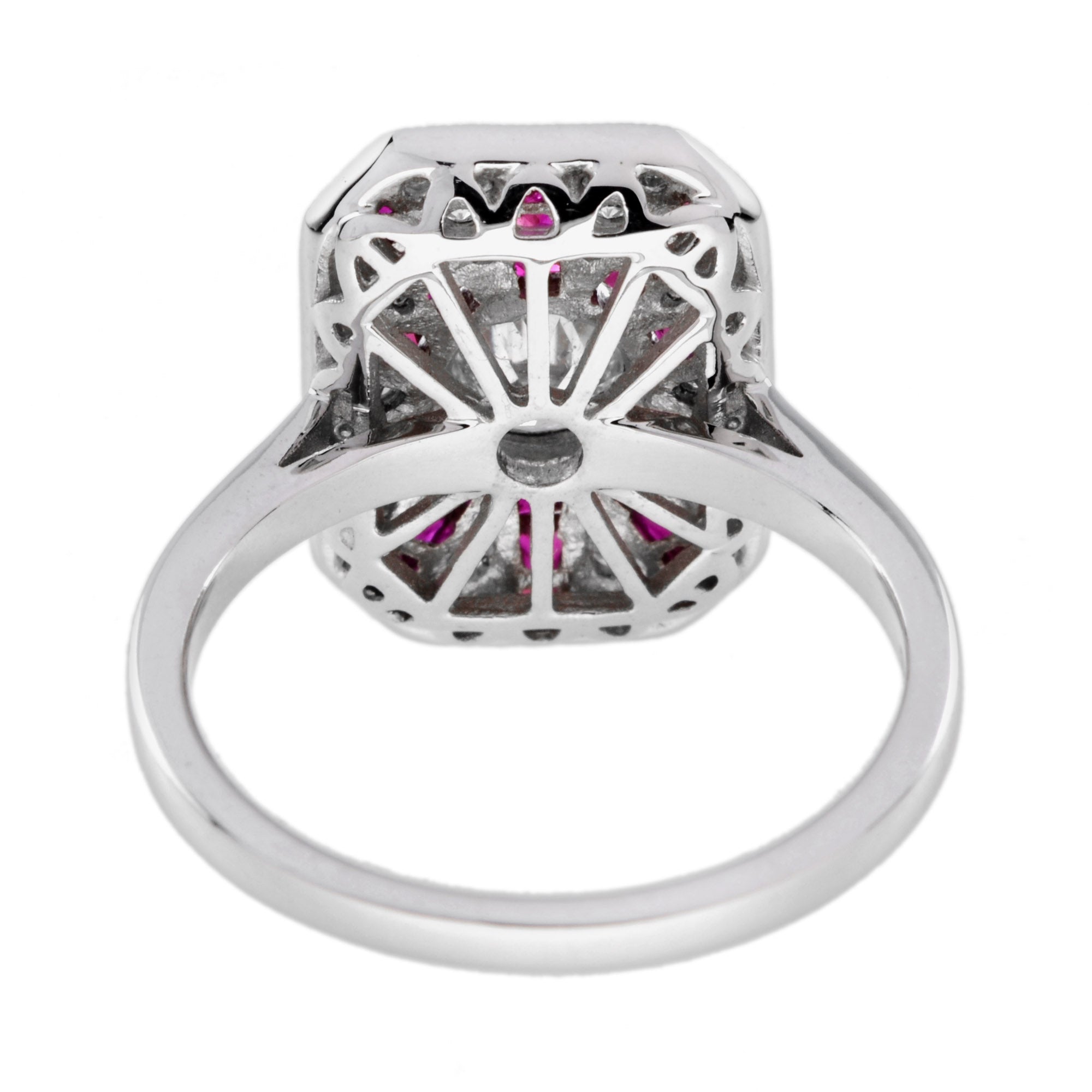 Old Cut Diamond & Ruby Art Deco Style Pave Ring Sunburst 18K White Gold Ring