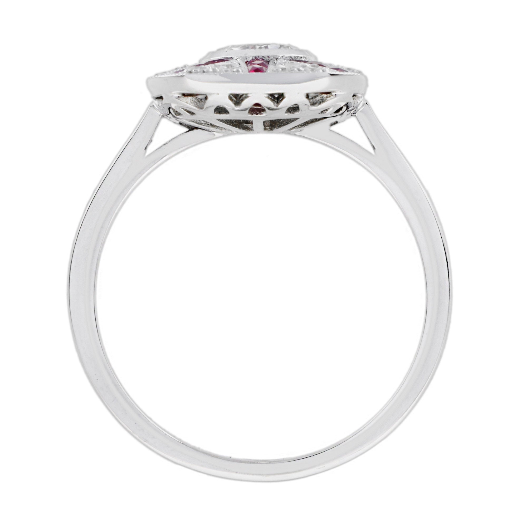 Old Cut Diamond & Ruby Art Deco Style Pave Ring Sunburst 18K White Gold Ring