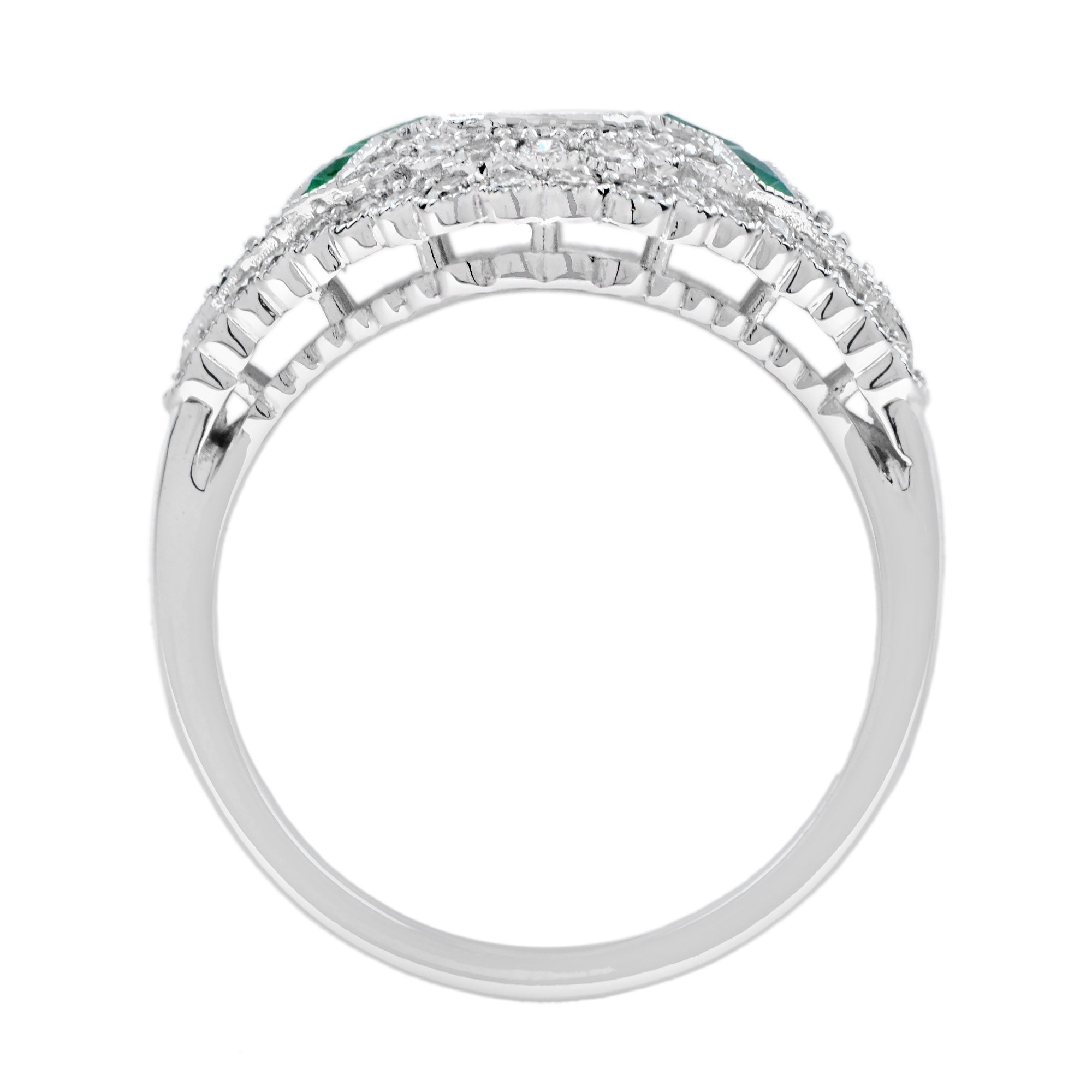 Emerald Cut Diamond & Emerald Art Deco Inspired Style 18k White Gold Unique Ring