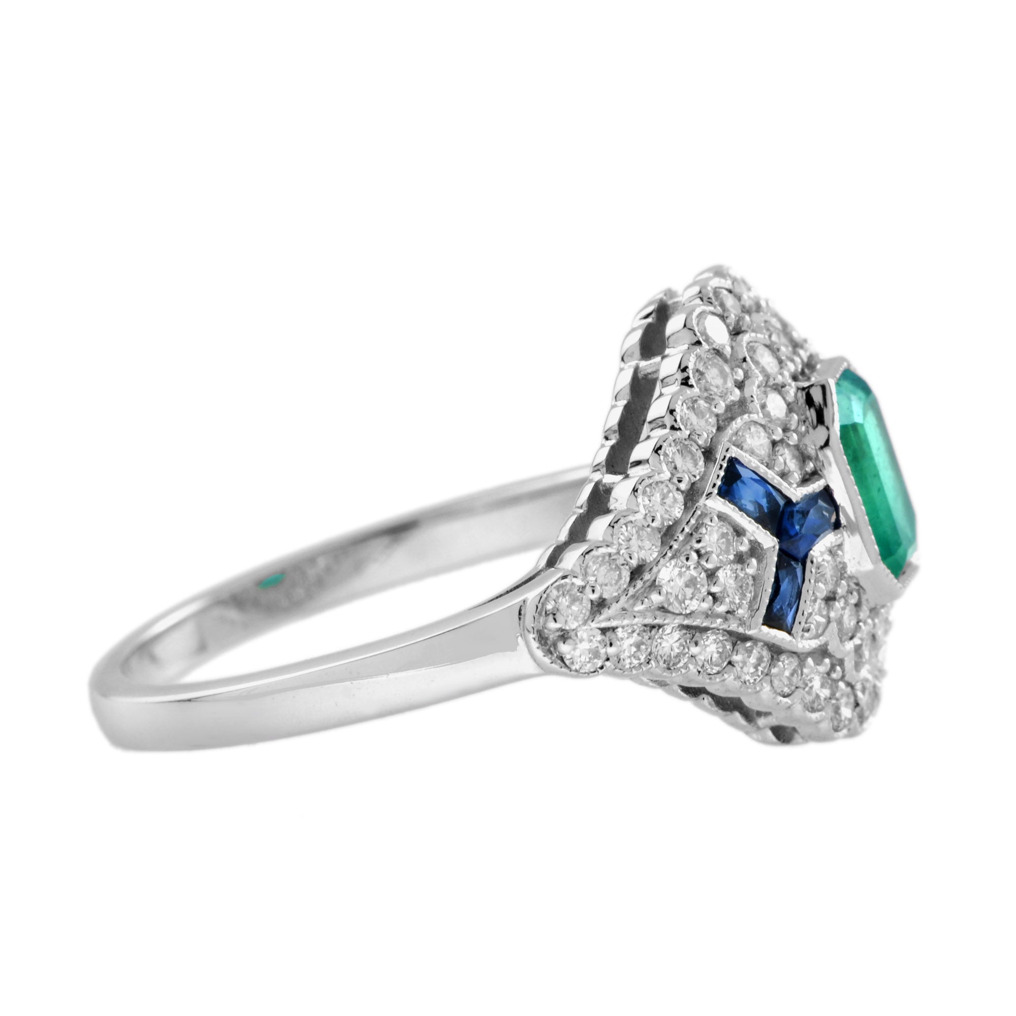 Emerald Sapphire Diamond Art Deco Style Statement 14K White Gold Ring