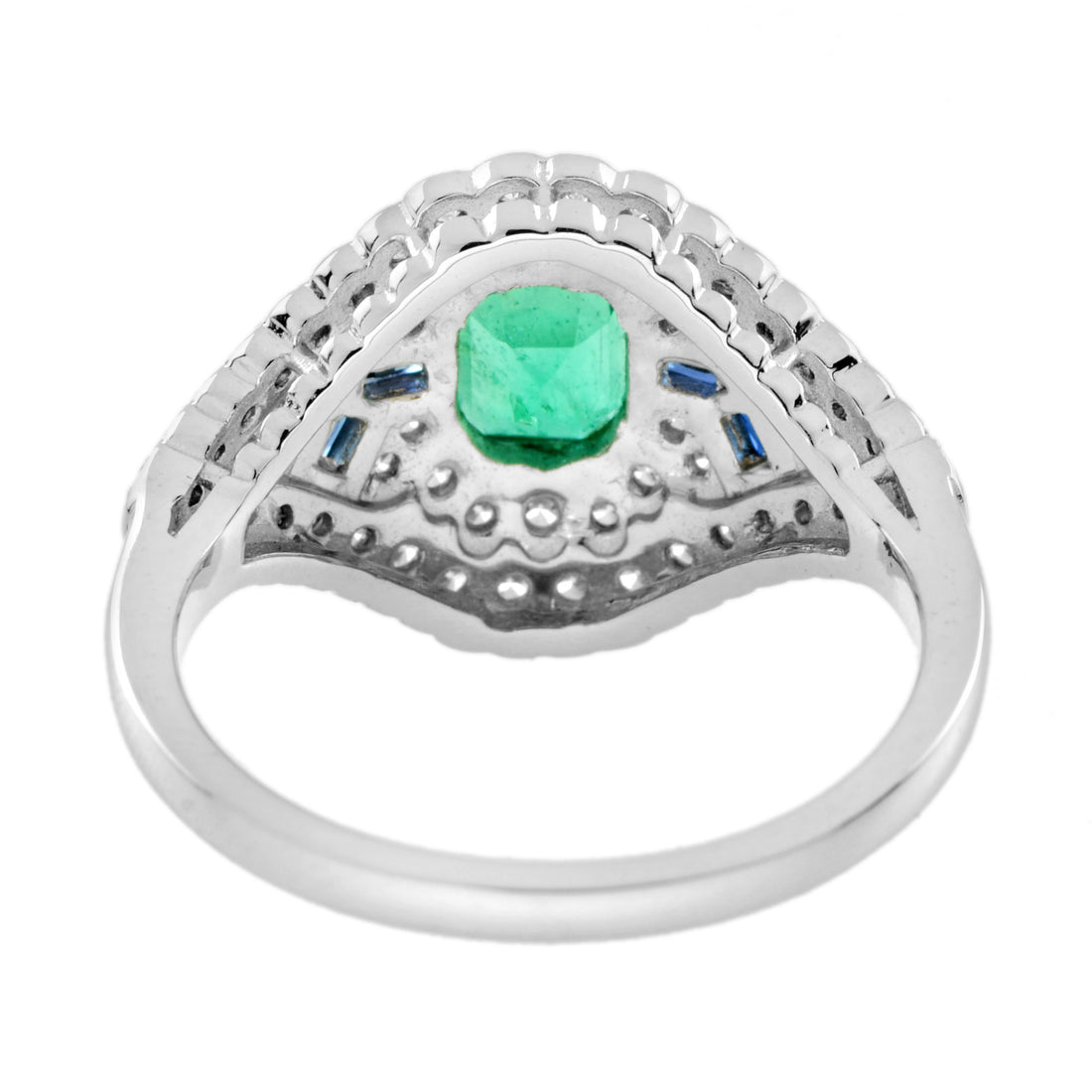 Emerald Sapphire Diamond Art Deco Style Statement 14K White Gold Ring