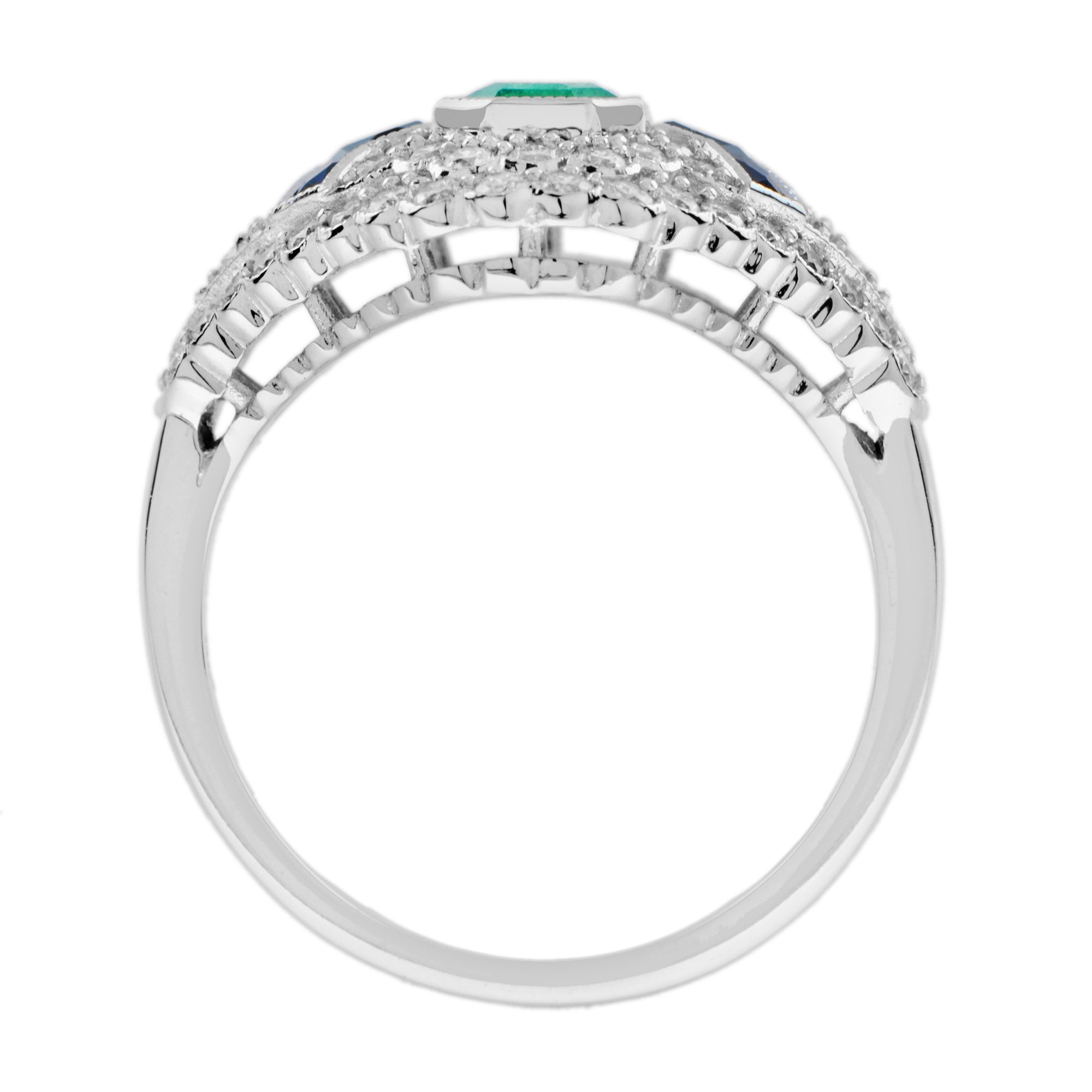 Emerald Sapphire Diamond Art Deco Style Statement 14K White Gold Ring