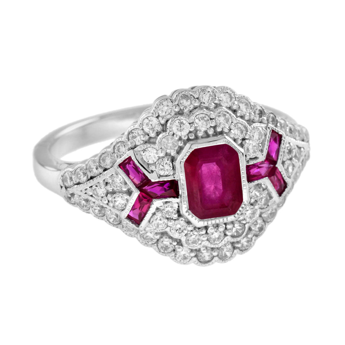 Ruby & Pave Diamond Art Deco Inspired Style Statement 14K White Gold Ring