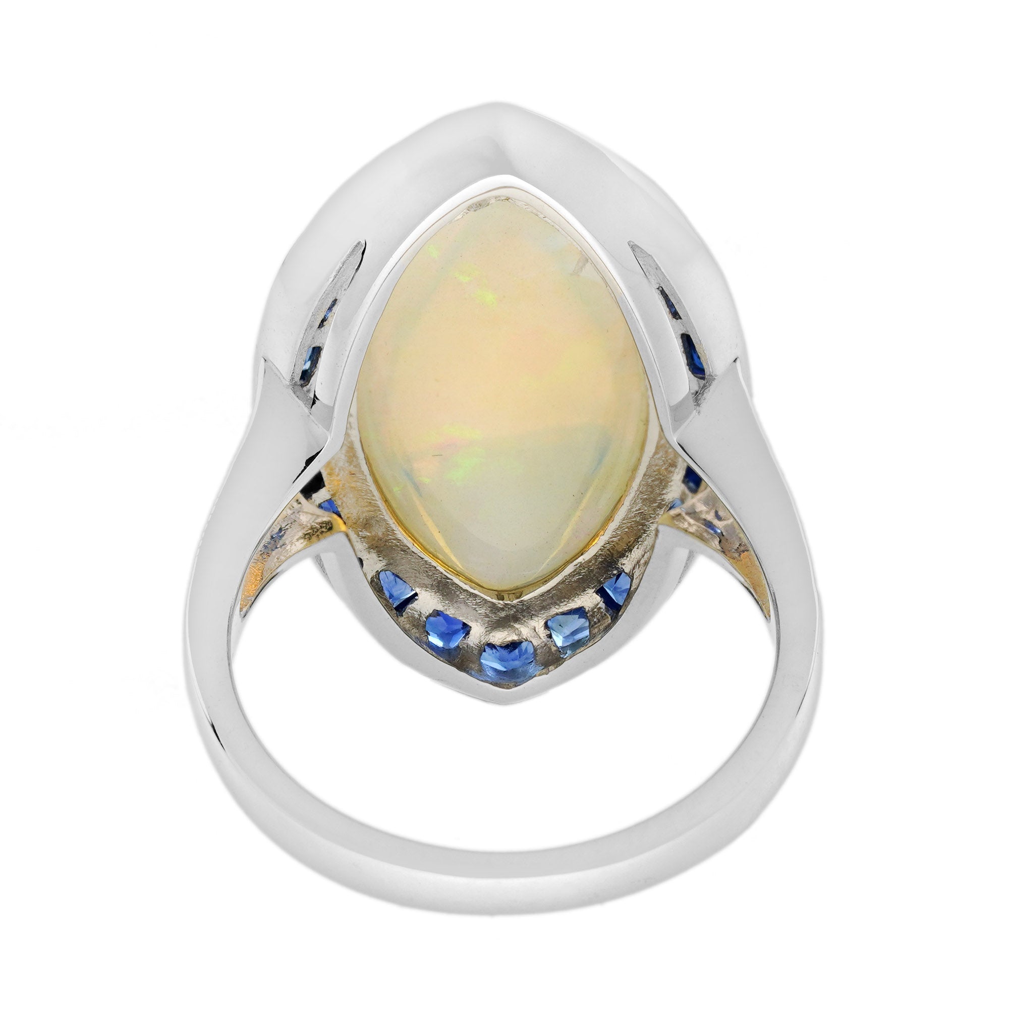 Large Marquise White Opal & Blue Sapphire Diamond Art Deco Style Cocktail Ring