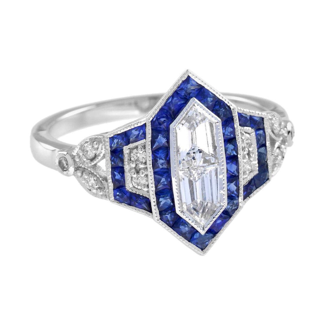 Diamond Illusion Set & Blue Sapphire Halo Art Deco Style White Gold Ring