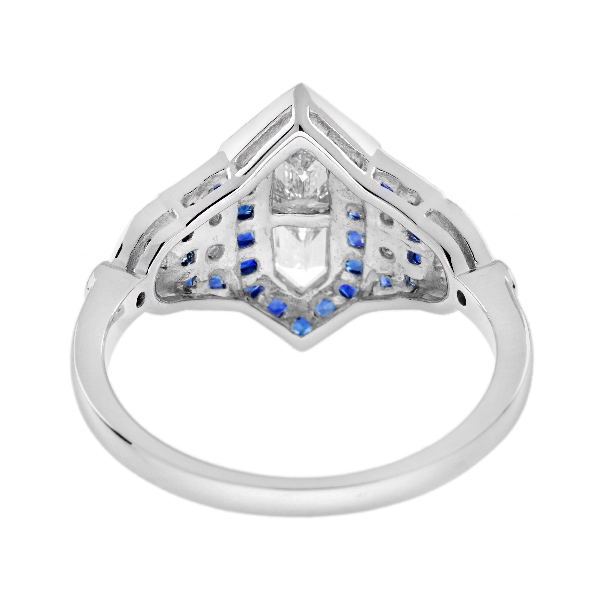 Diamond Illusion Set & Blue Sapphire Halo Art Deco Style White Gold Ring