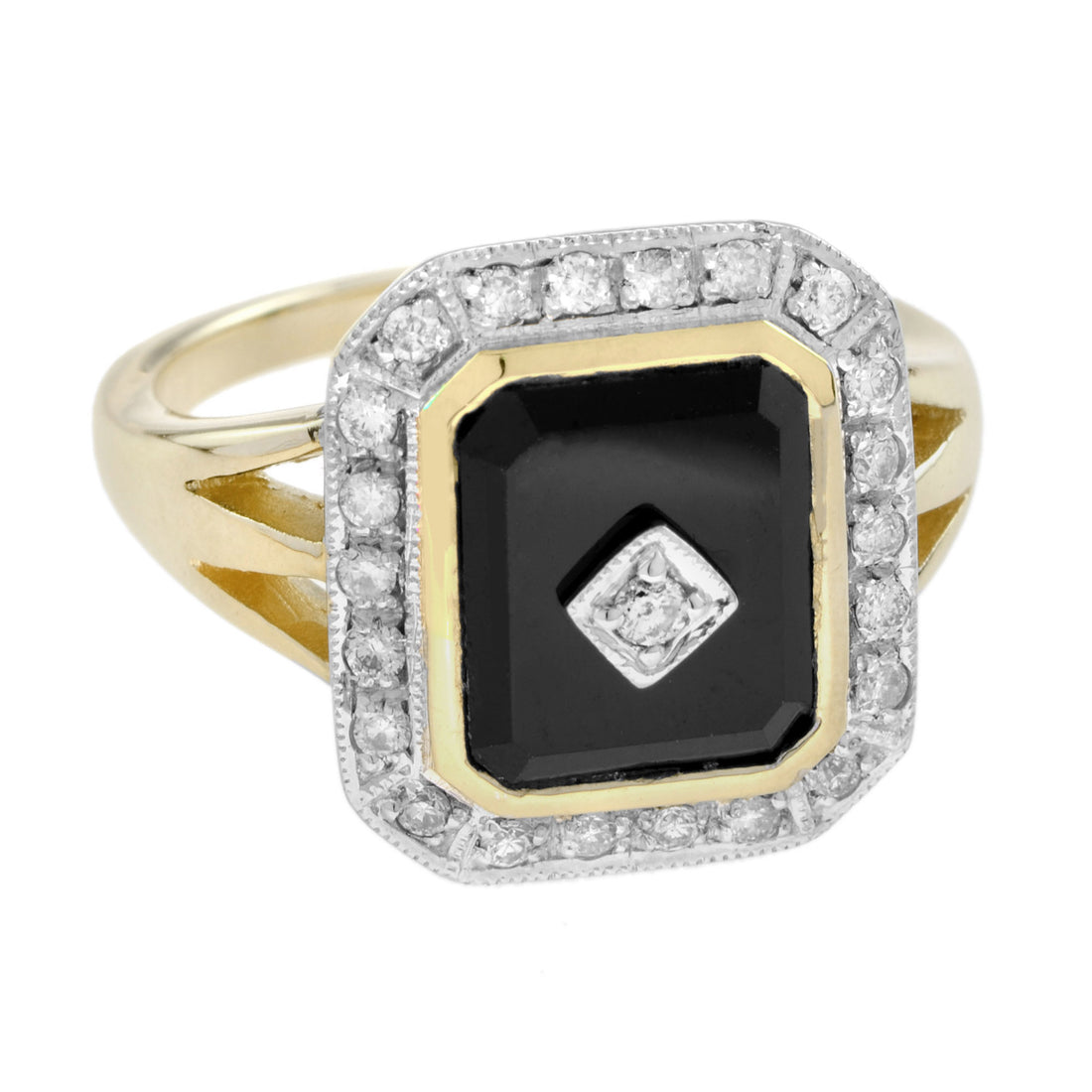Diamond & Black Onyx Art Deco Style Triple Shank Halo 14K Yellow Gold Ring