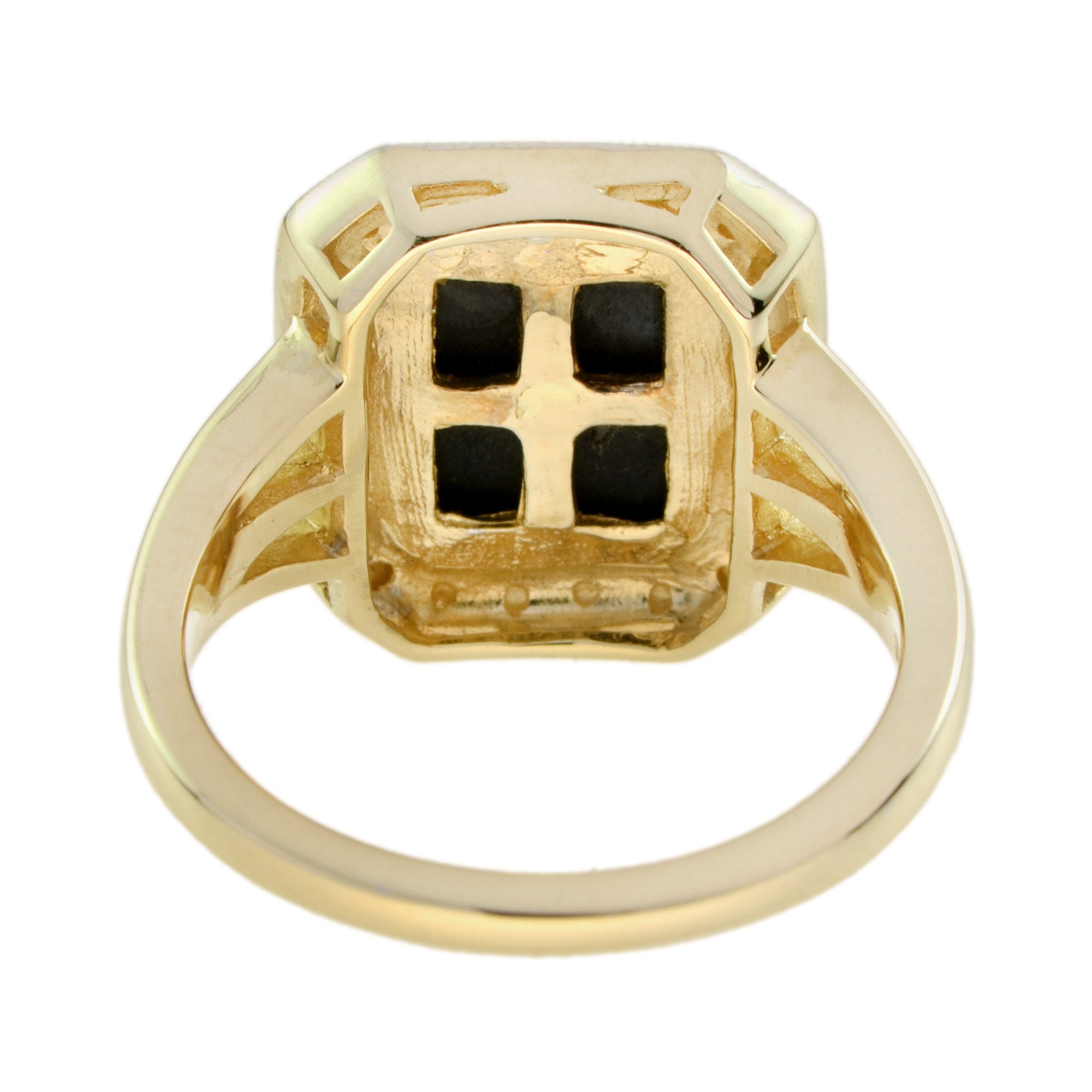 Diamond & Black Onyx Art Deco Style Triple Shank Halo 14K Yellow Gold Ring