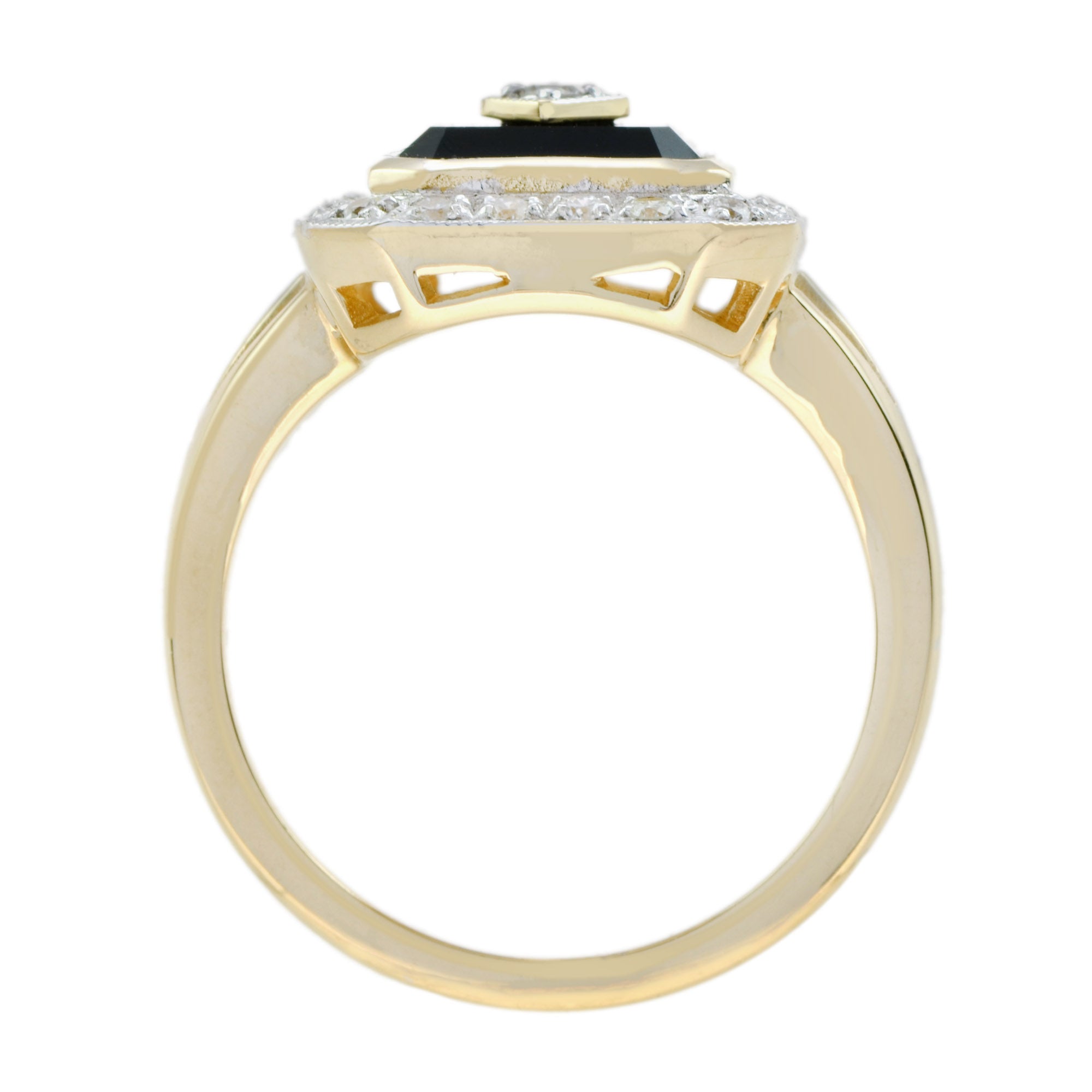 Diamond & Black Onyx Art Deco Style Triple Shank Halo 14K Yellow Gold Ring