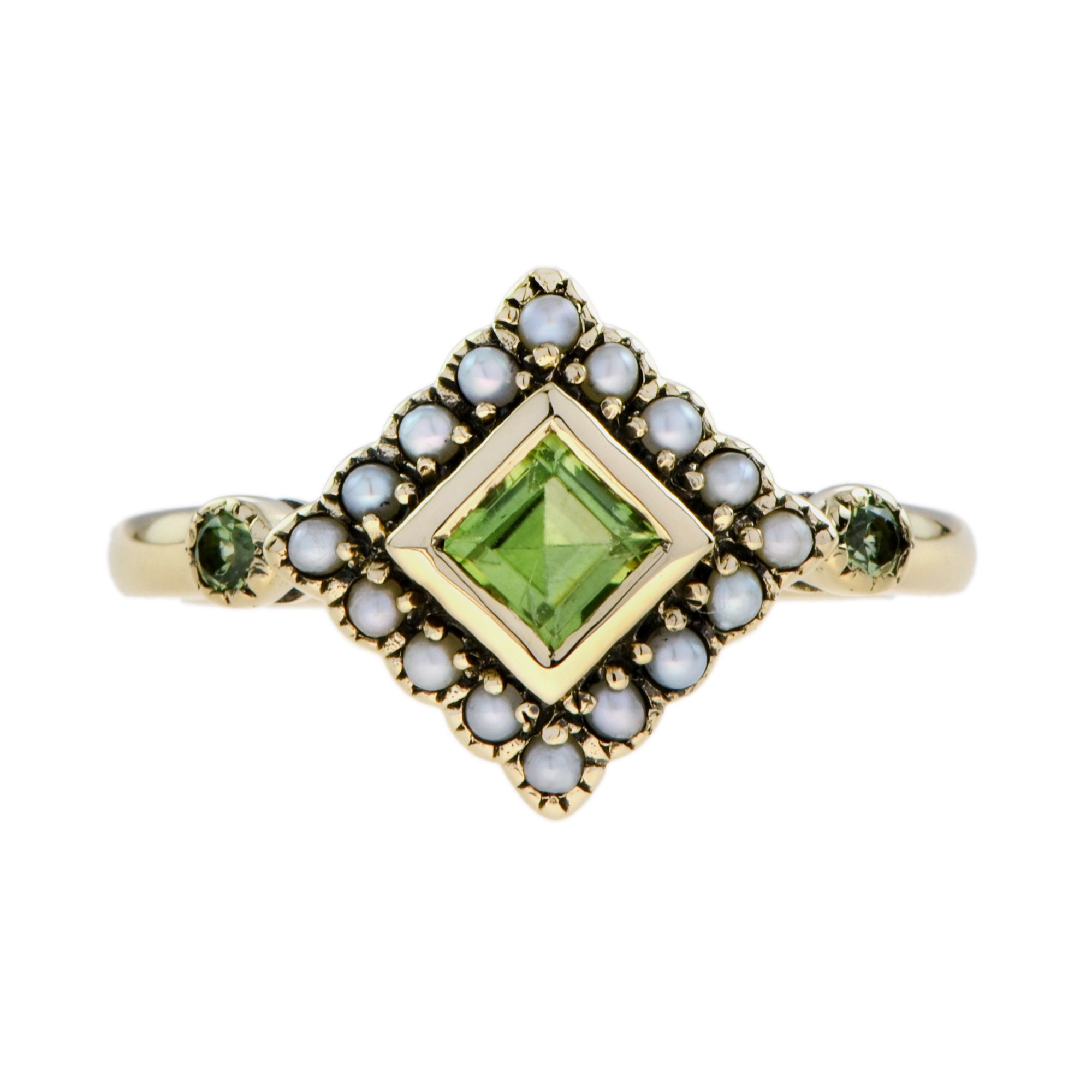 Square Green Peridot & Pearl Halo Set Vintage Style 9K Yellow Gold Ring