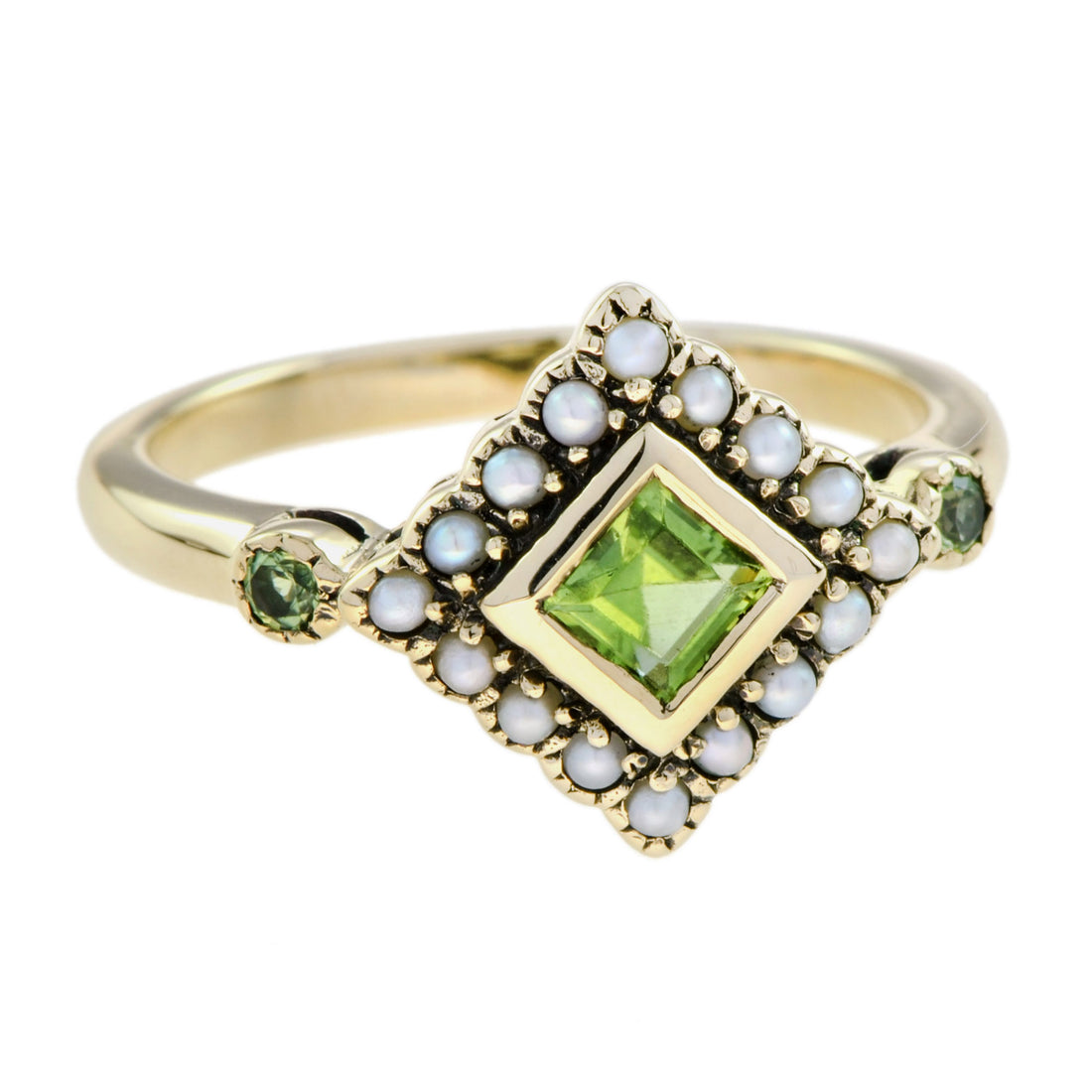 Square Green Peridot & Pearl Halo Set Vintage Style 9K Yellow Gold Ring
