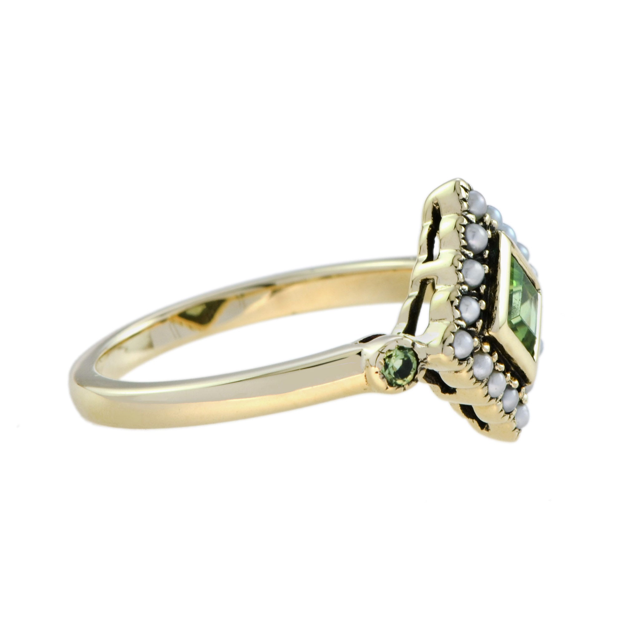 Square Green Peridot & Pearl Halo Set Vintage Style 9K Yellow Gold Ring