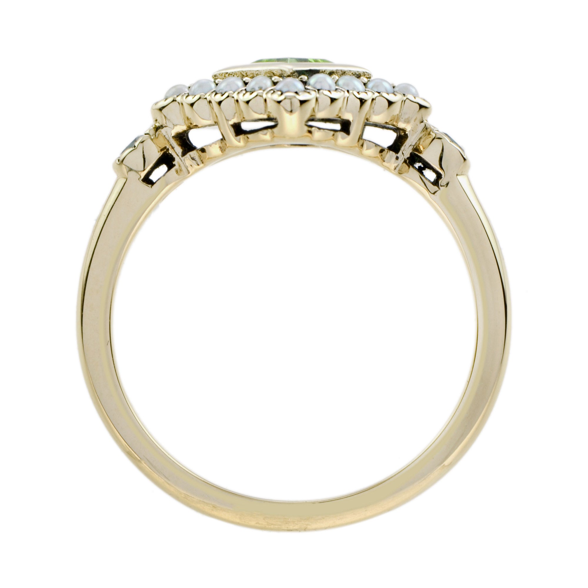 Square Green Peridot & Pearl Halo Set Vintage Style 9K Yellow Gold Ring