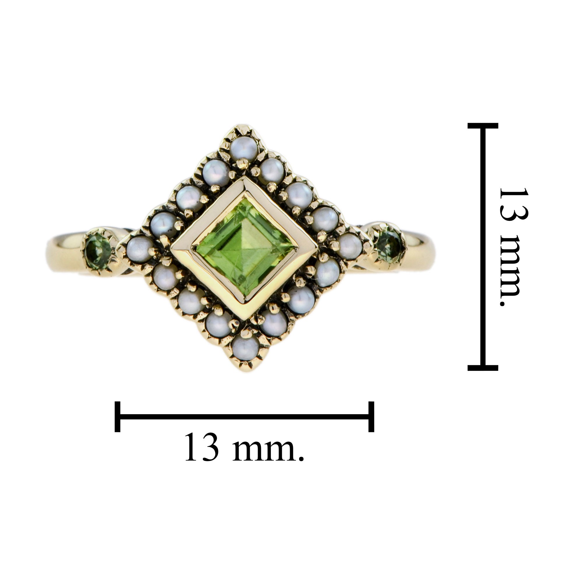 Square Green Peridot & Pearl Halo Set Vintage Style 9K Yellow Gold Ring