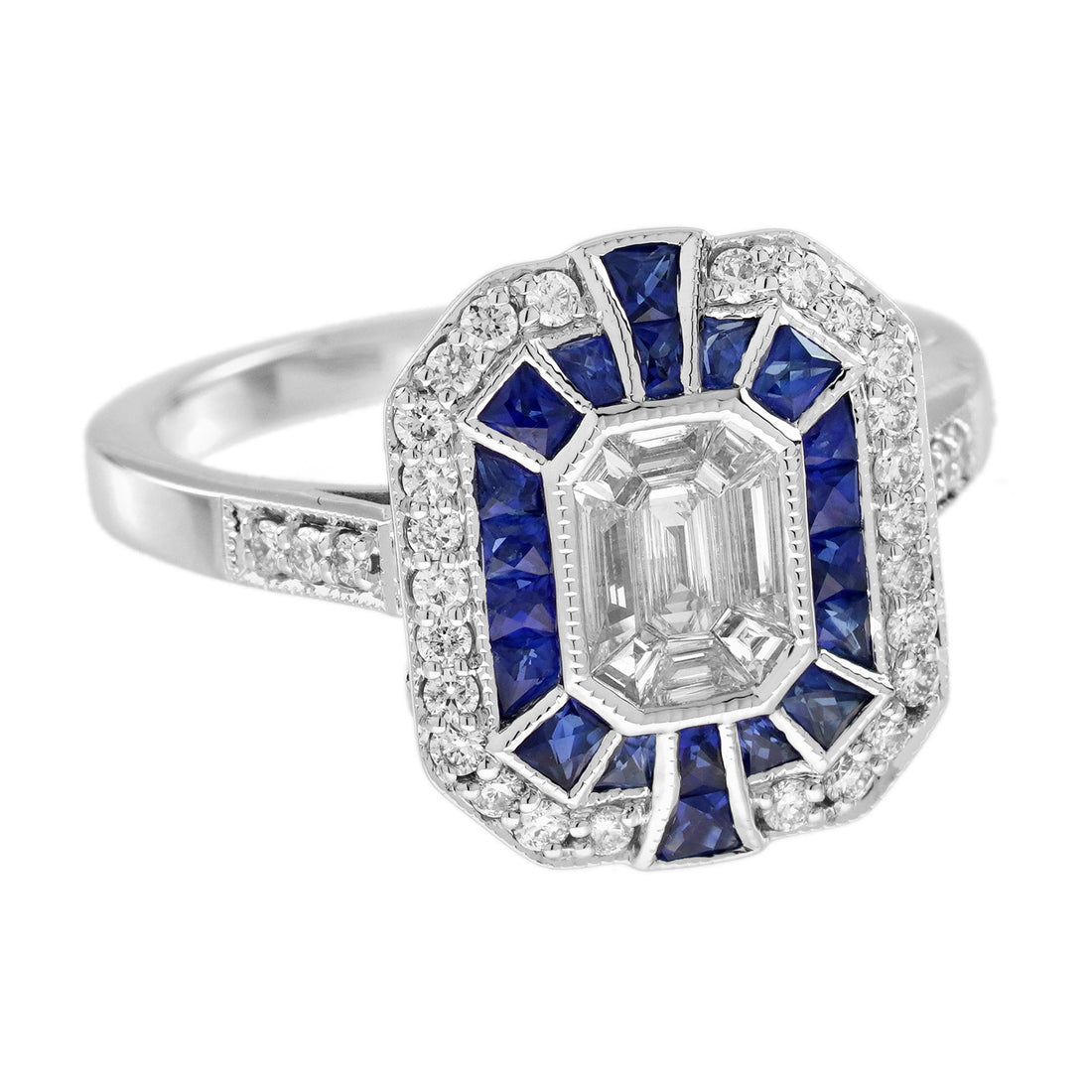 Diamond Illusion Set & Blue Sapphire Fancy Halo Art Deco Style White Gold Ring