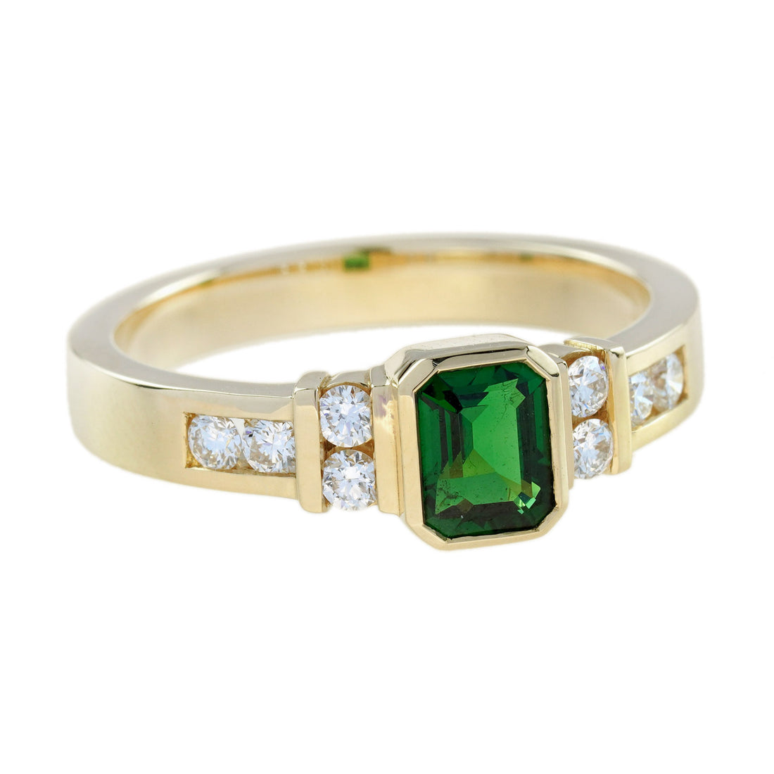 Green Emerald Cut Tsavorite & Diamond Solitaire 18K Yellow Gold Ring