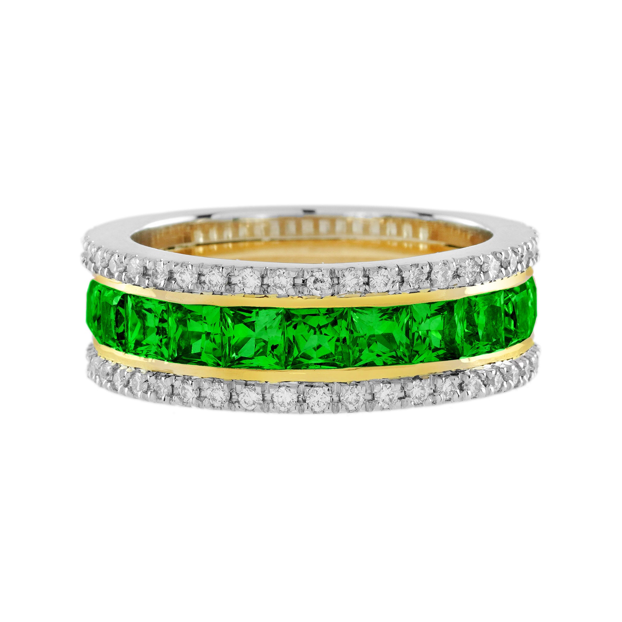 Square Shape Green Tsavorite & Diamond Classic Half Eternity Band Gold Ring