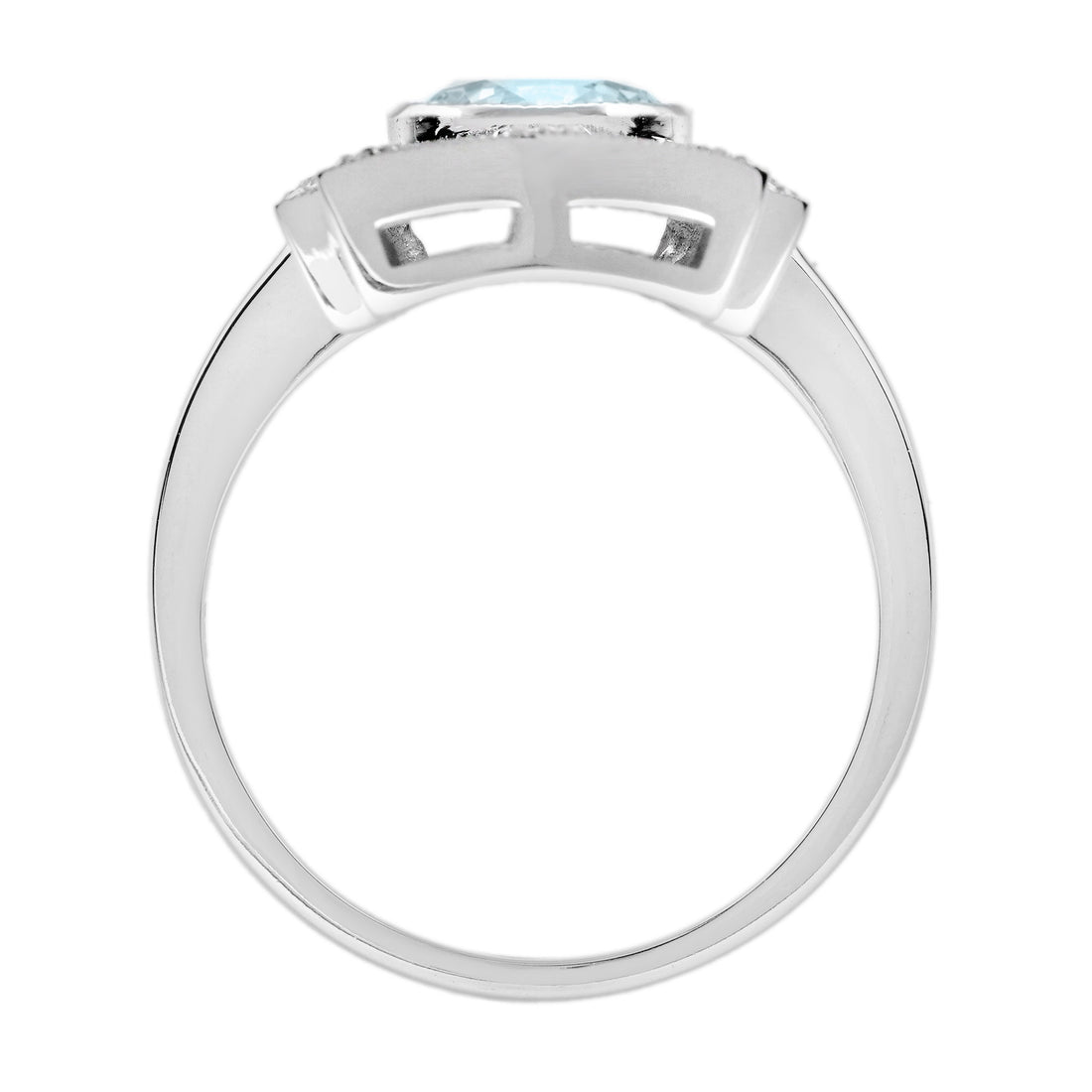 Round Blue Aquamarine & Diamond Art Deco Style Dinner 14K White Gold Ring