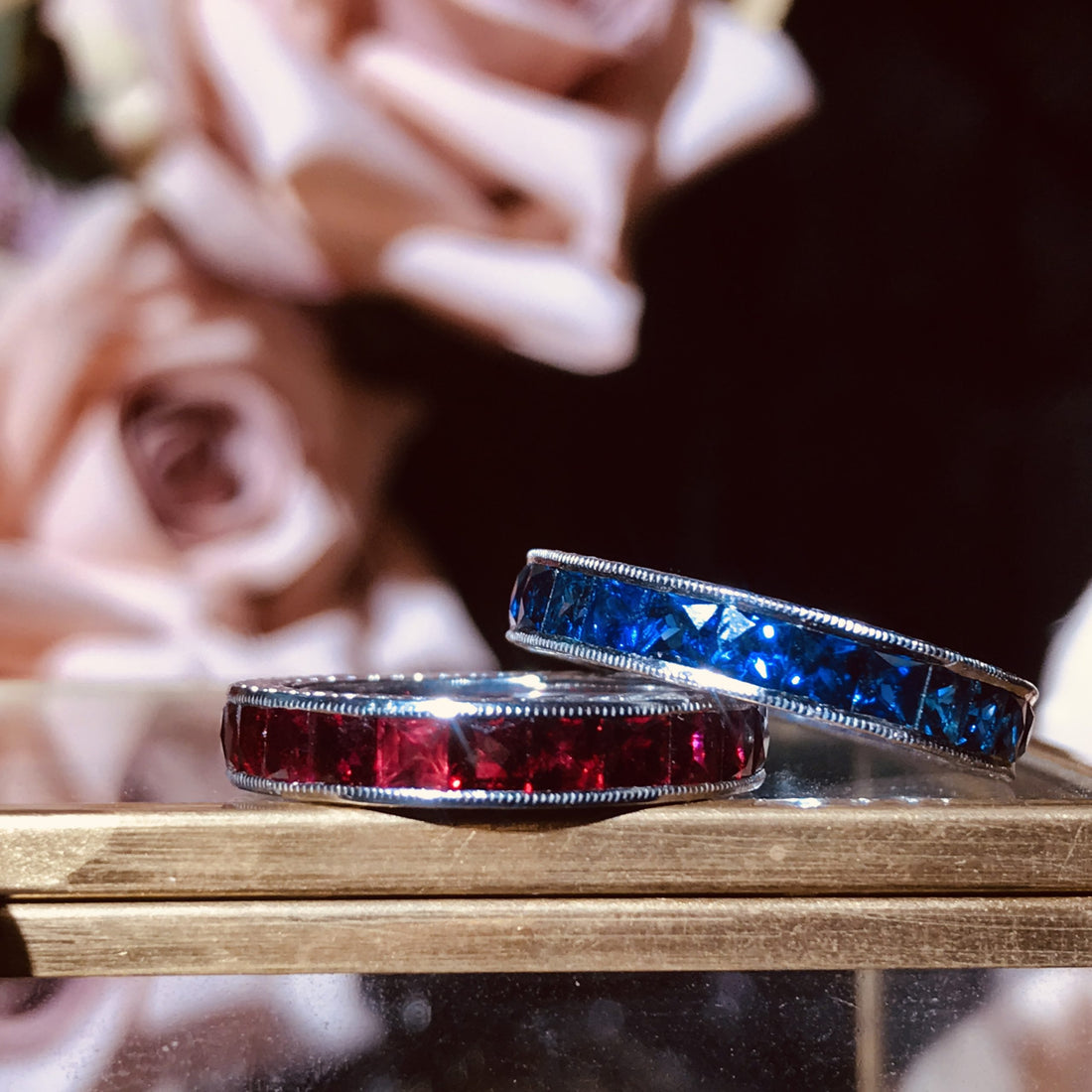 Square Princess Cut Red Pink Ruby Antique Style Eternity Band White Gold Ring