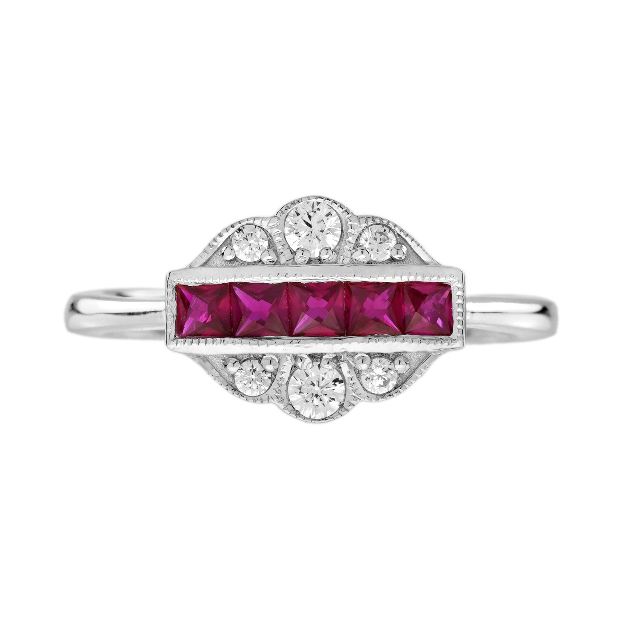 French Cut Ruby & Diamond Vintage Inspired Art Deco Style White Gold Ring