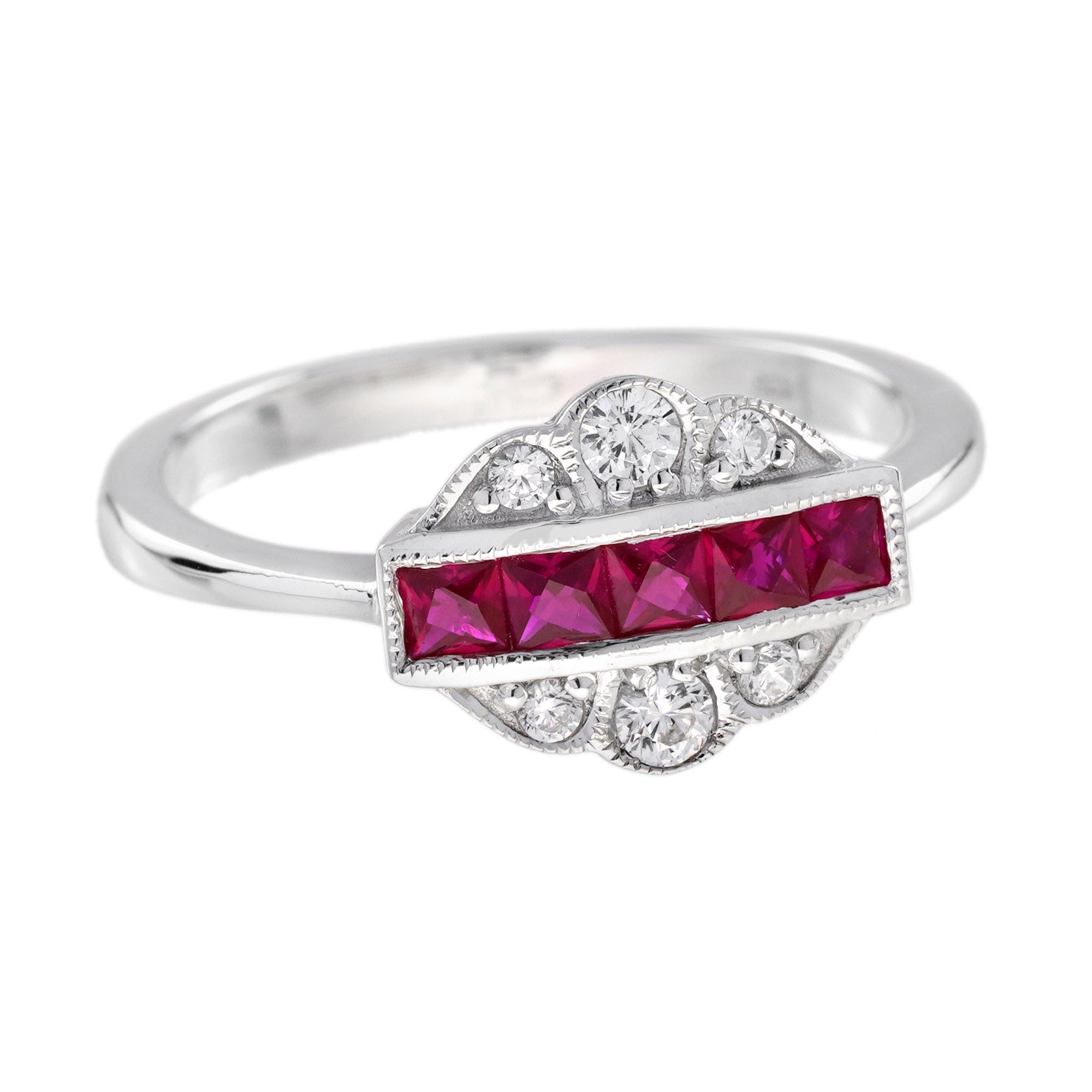 French Cut Ruby & Diamond Vintage Inspired Art Deco Style White Gold Ring