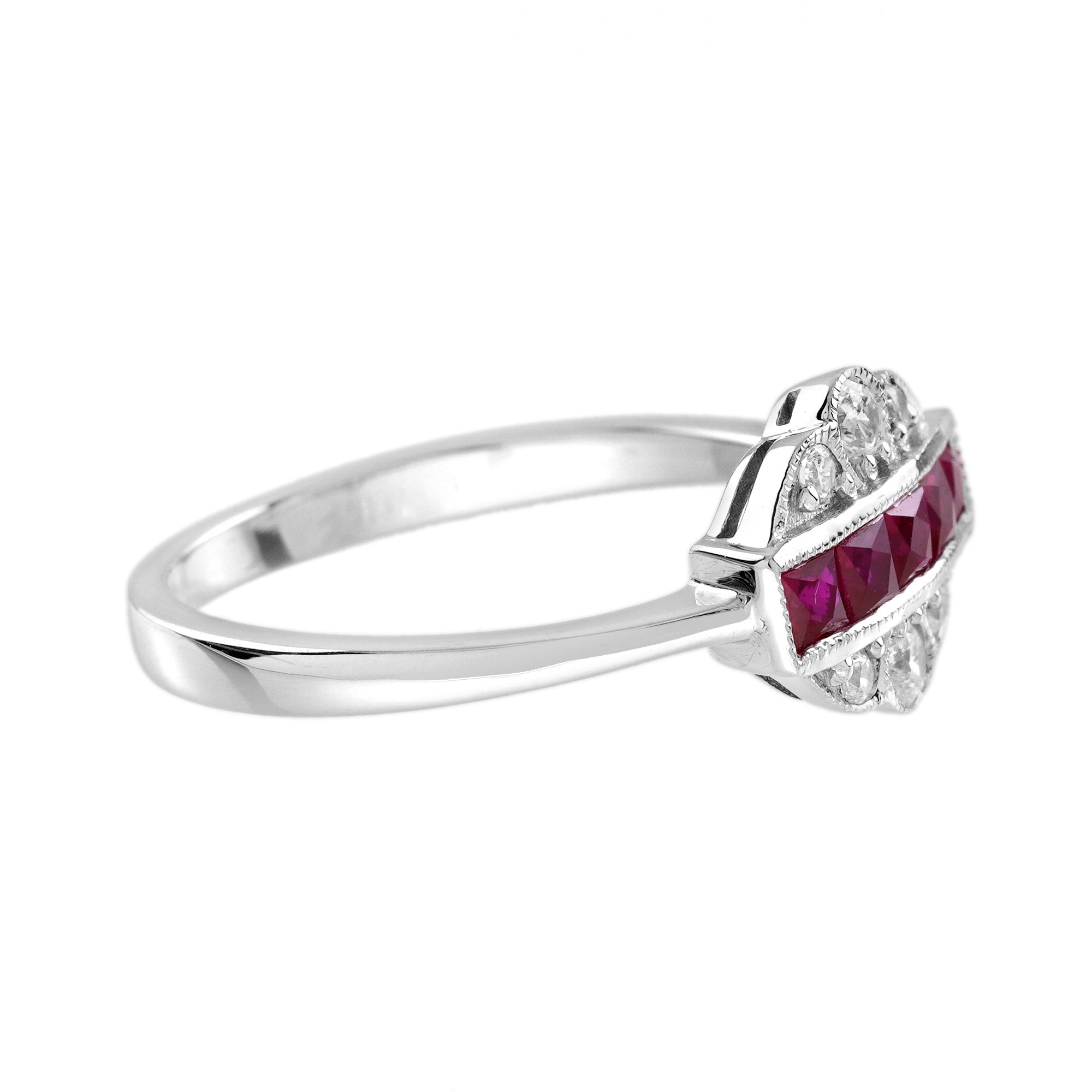 French Cut Ruby & Diamond Vintage Inspired Art Deco Style White Gold Ring