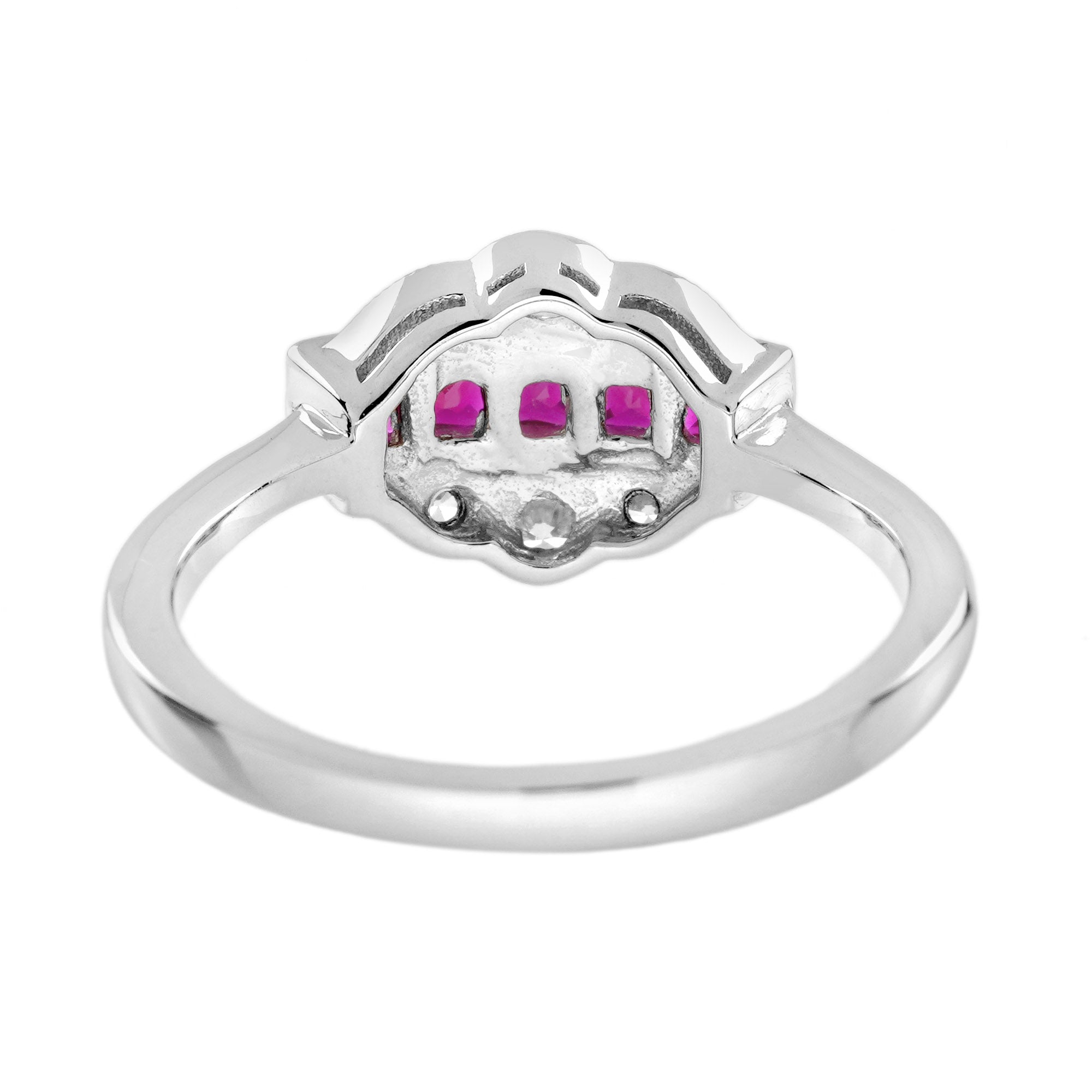 French Cut Ruby & Diamond Vintage Inspired Art Deco Style White Gold Ring