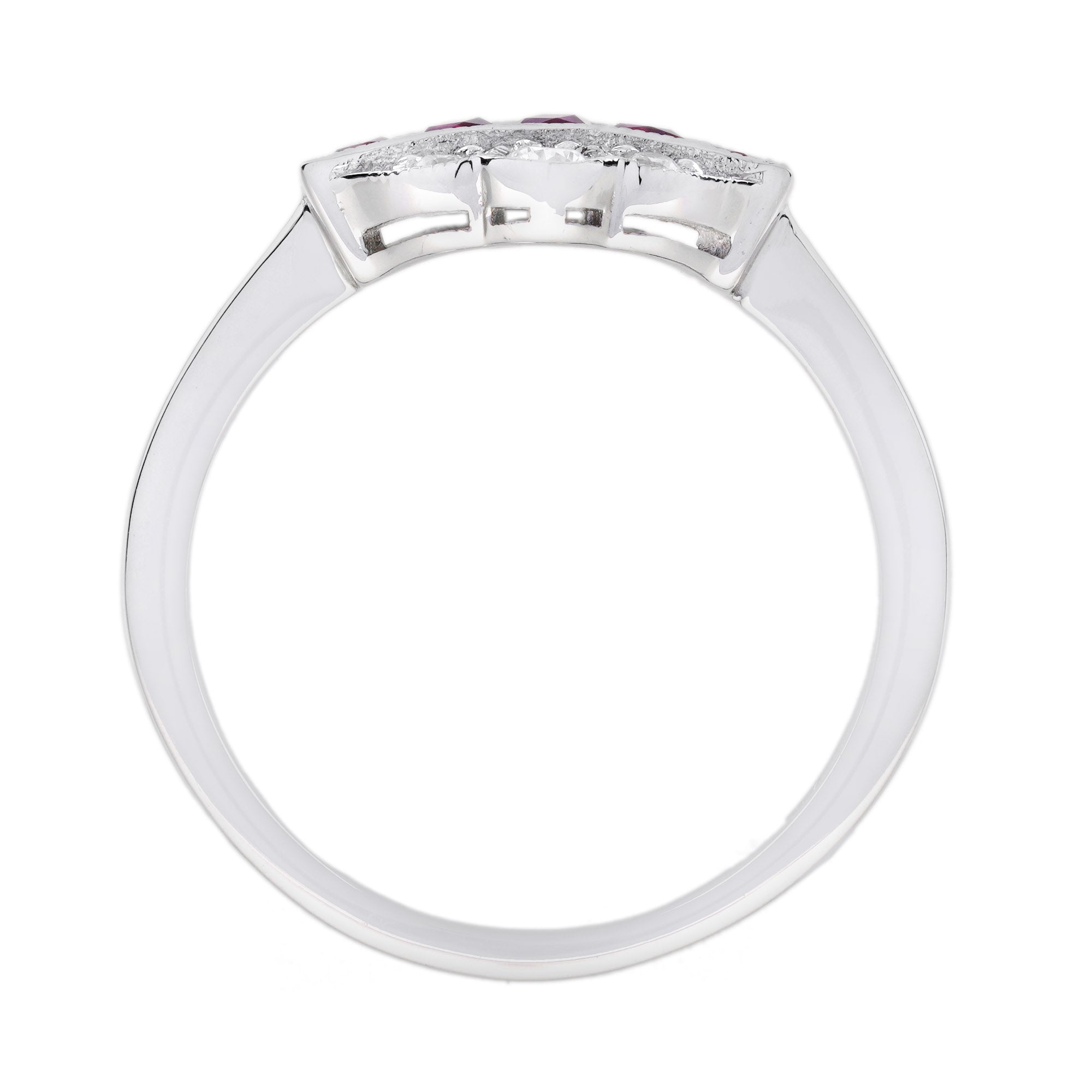 French Cut Ruby & Diamond Vintage Inspired Art Deco Style White Gold Ring