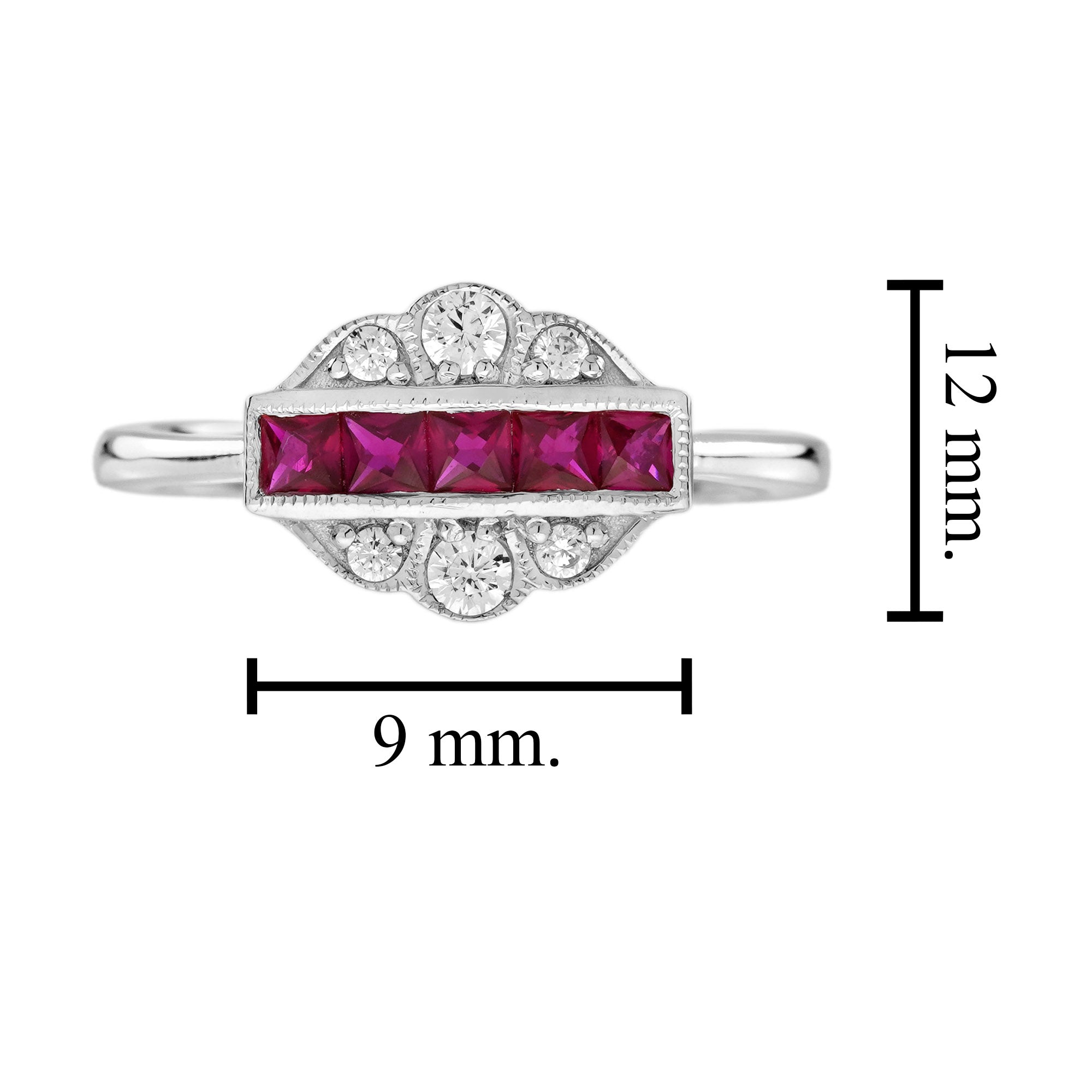 French Cut Ruby & Diamond Vintage Inspired Art Deco Style White Gold Ring