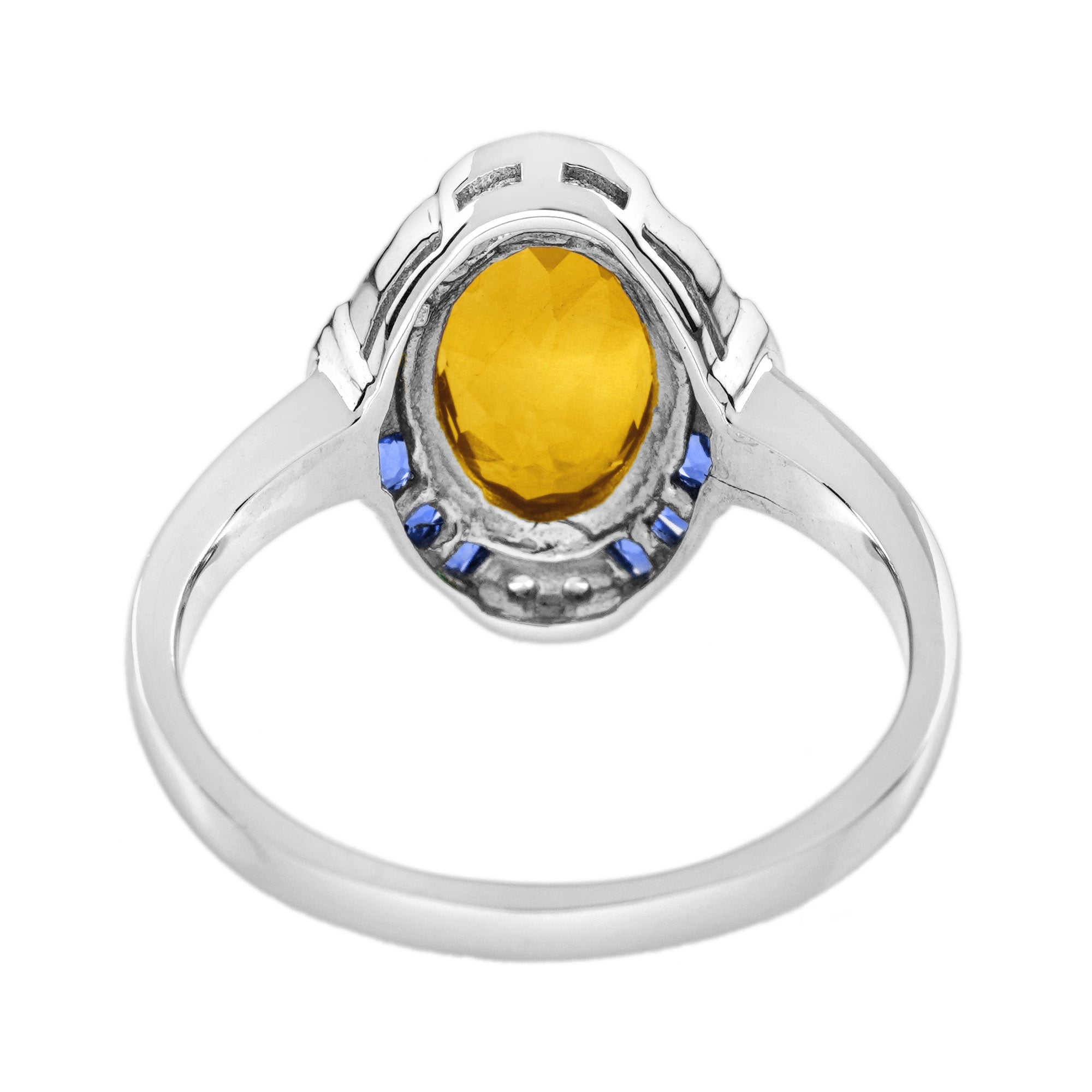 Oval Shape Citrine & Blue Sapphire Diamond Halo Art Deco Style White Gold Ring