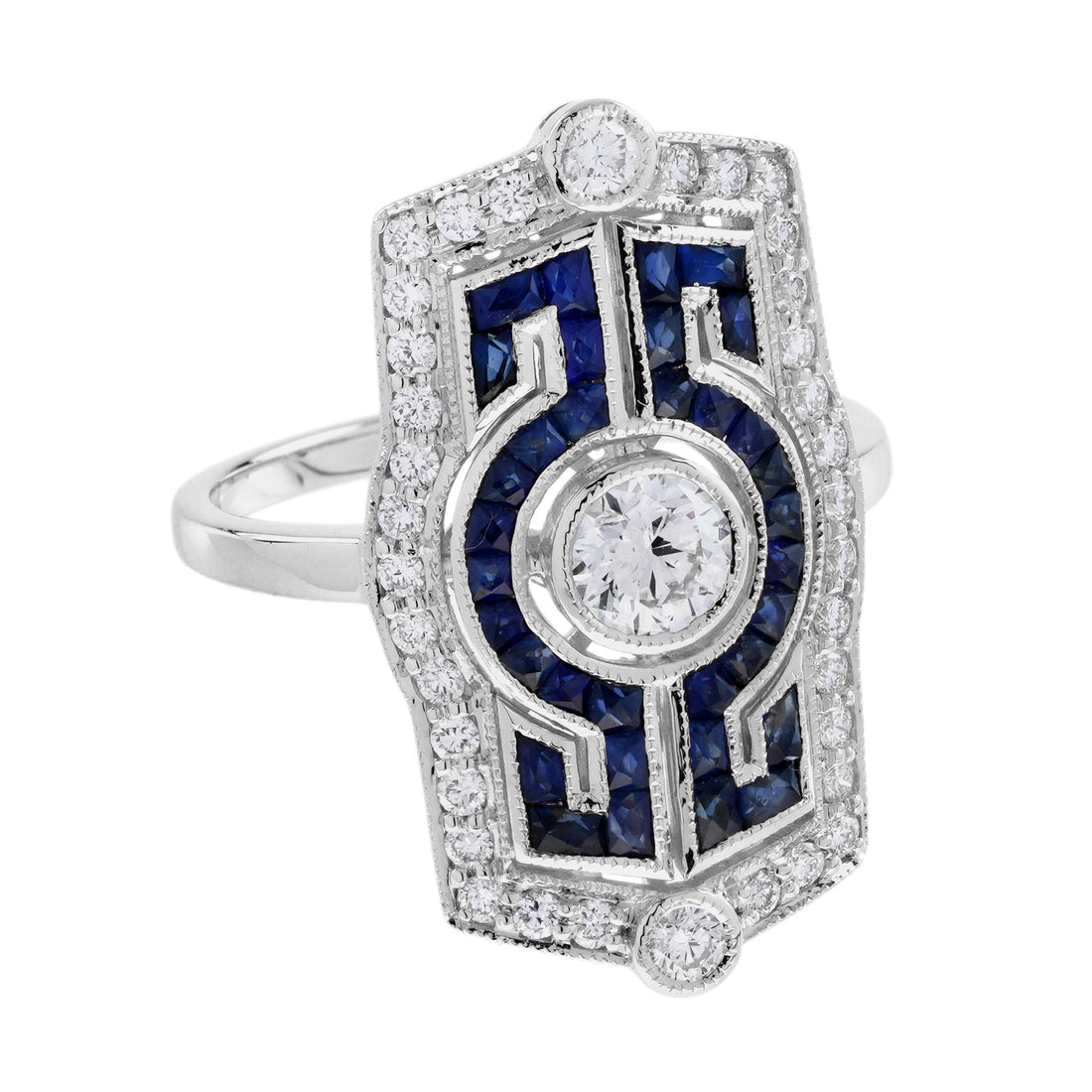 Diamond & Blue Sapphire Vintage Inspired Art Deco Style White Gold Dinner Ring