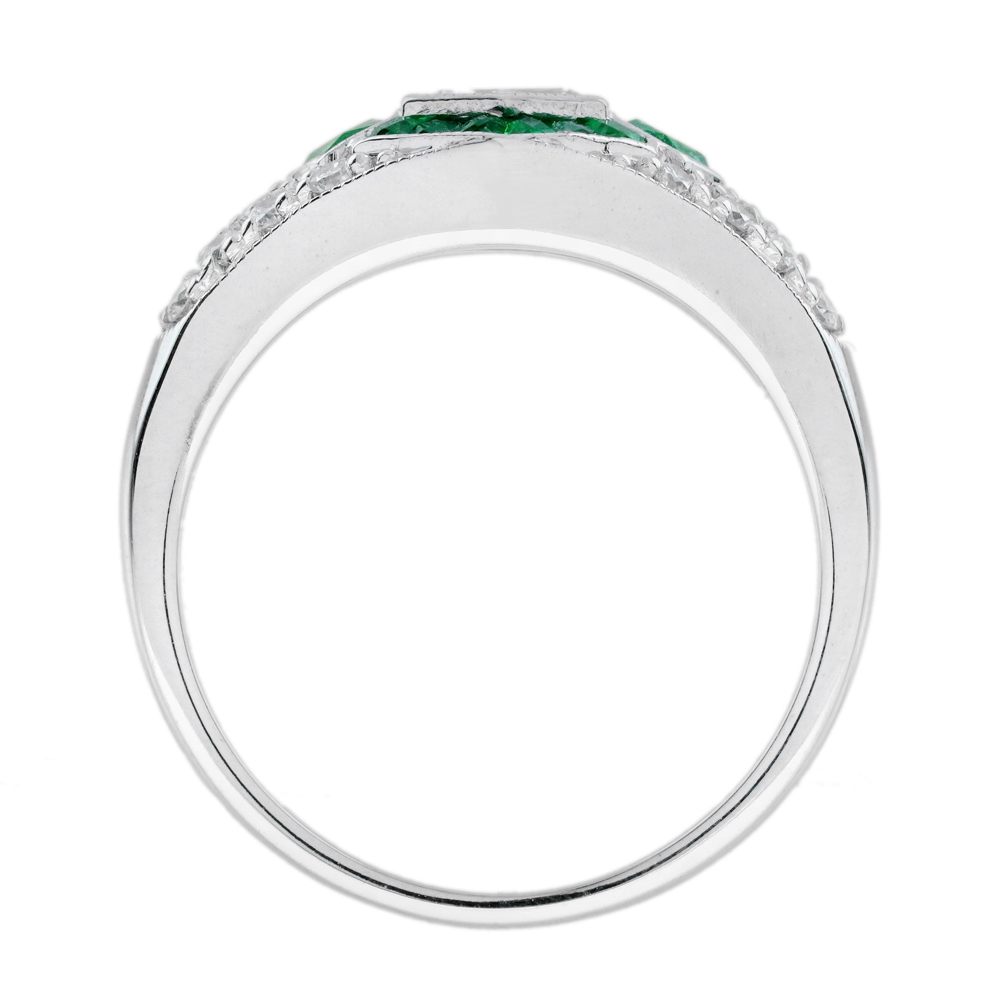 Hexagonal Diamond & Green Emerald Halo Set Art Deco Style 18K White Gold Ring