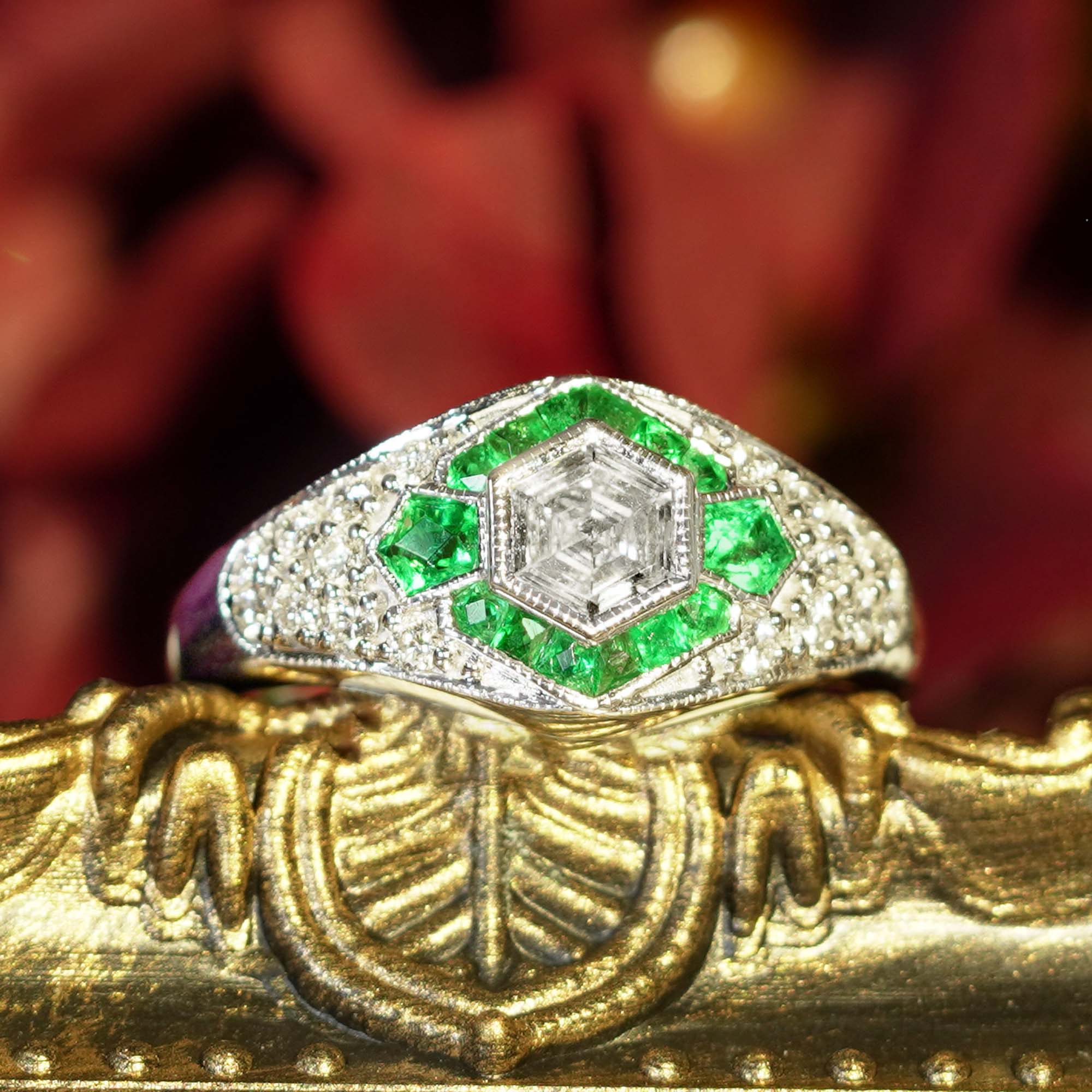 Hexagonal Diamond & Green Emerald Halo Set Art Deco Style 18K White Gold Ring