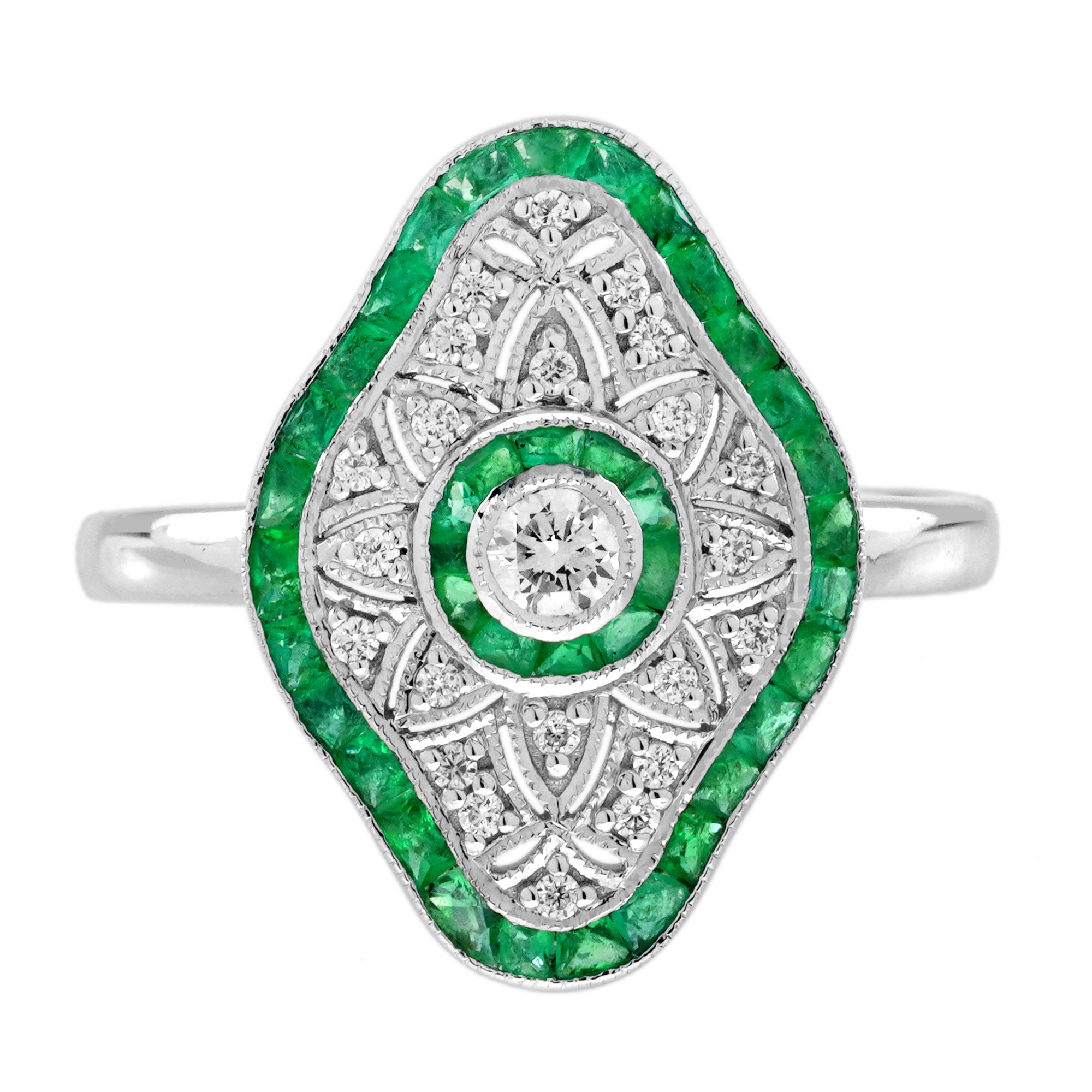 Diamond & Green Emerald Art Deco Inspired Style White Gold Ring