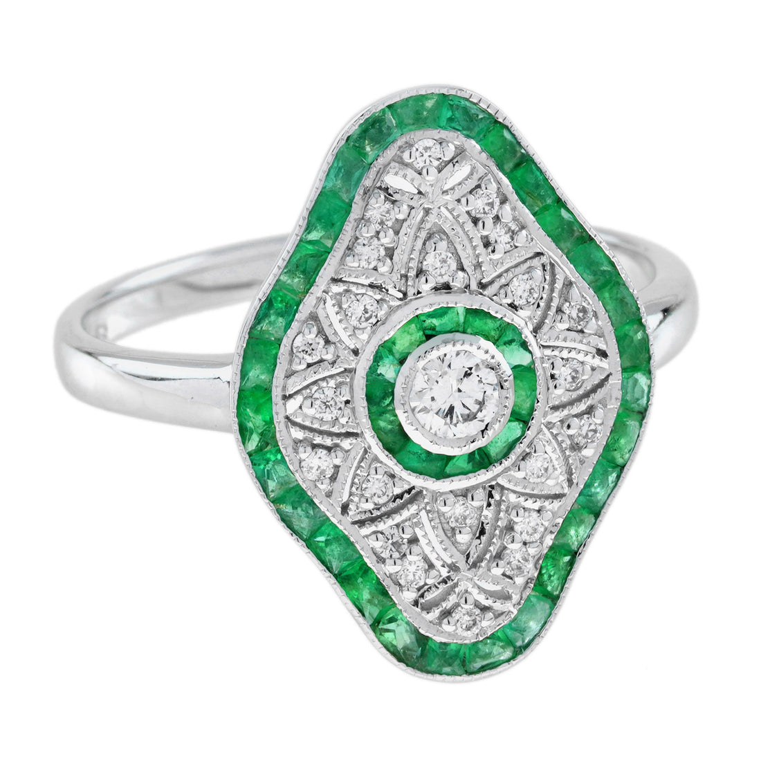 Diamond & Green Emerald Art Deco Inspired Style White Gold Ring