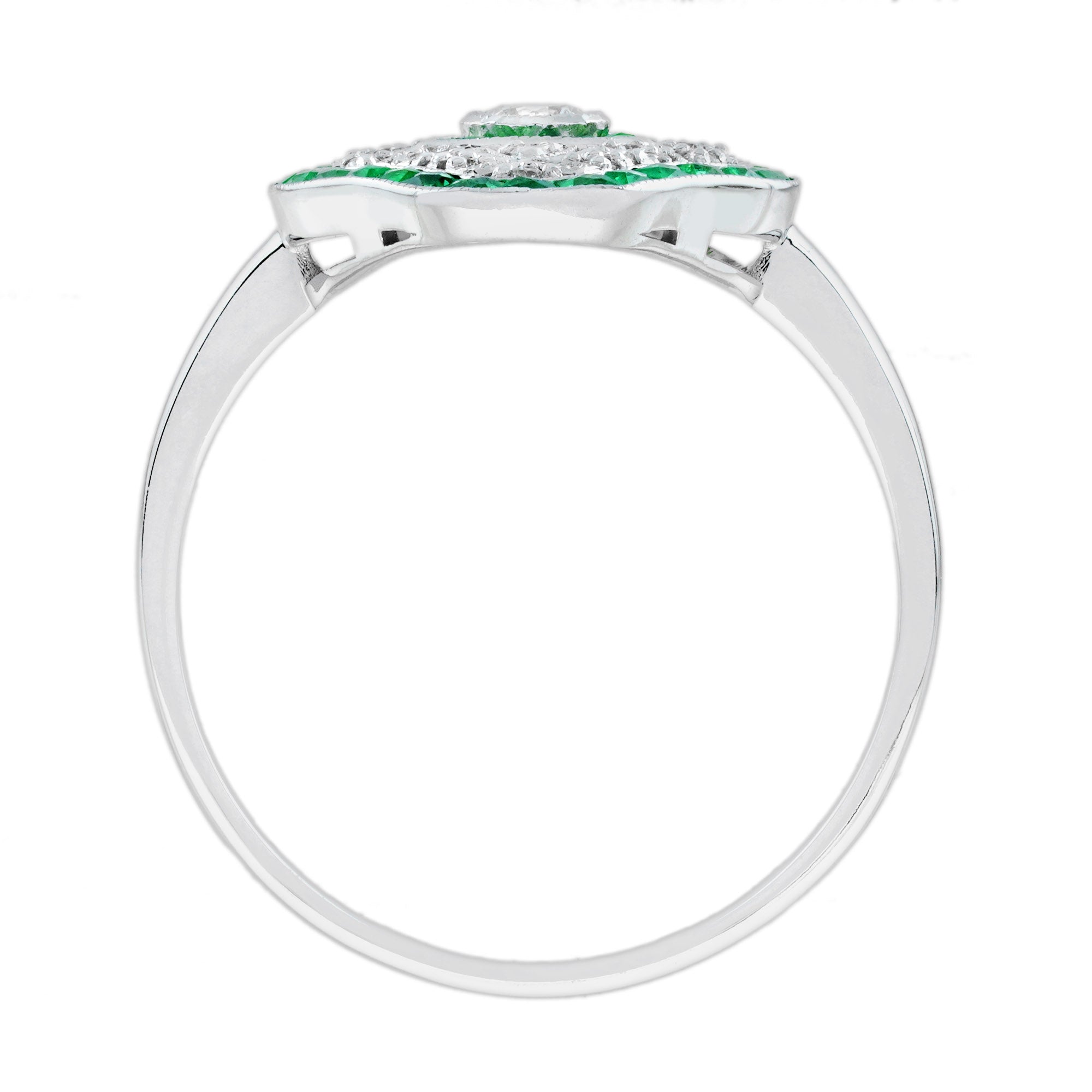 Diamond & Green Emerald Art Deco Inspired Style White Gold Ring