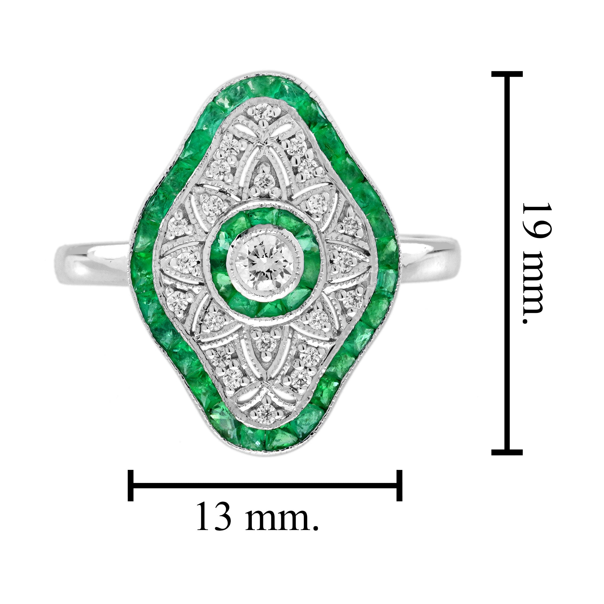 Diamond & Green Emerald Art Deco Inspired Style White Gold Ring