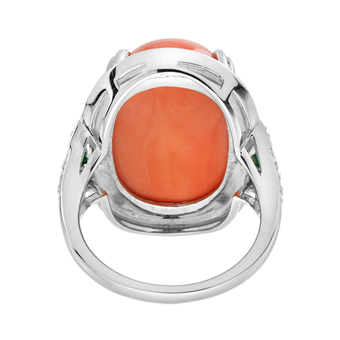 Orange Red Coral Emerald Diamond Art Deco Style 14K White Gold Black Enamel Ring
