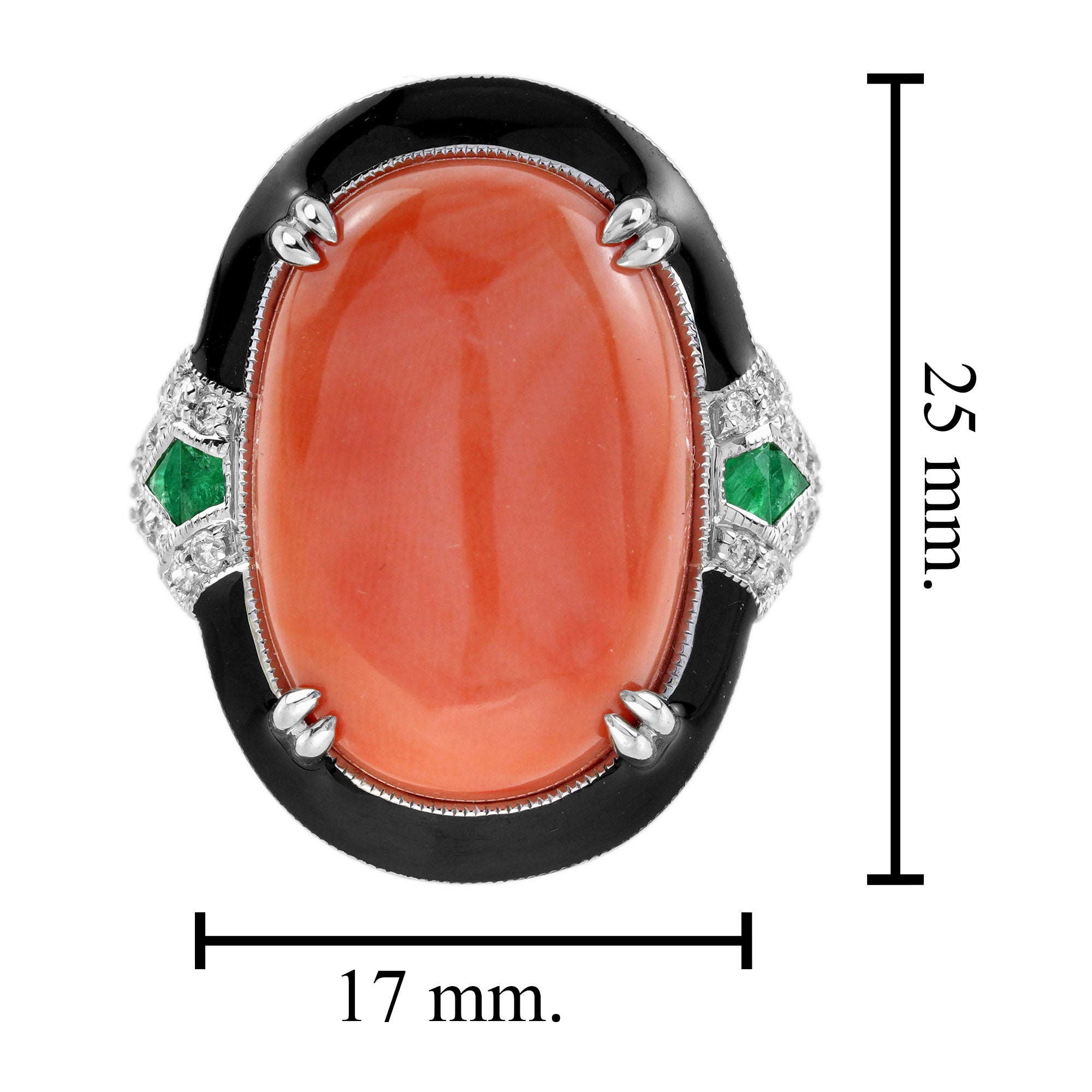 Orange Red Coral Emerald Diamond Art Deco Style 14K White Gold Black Enamel Ring