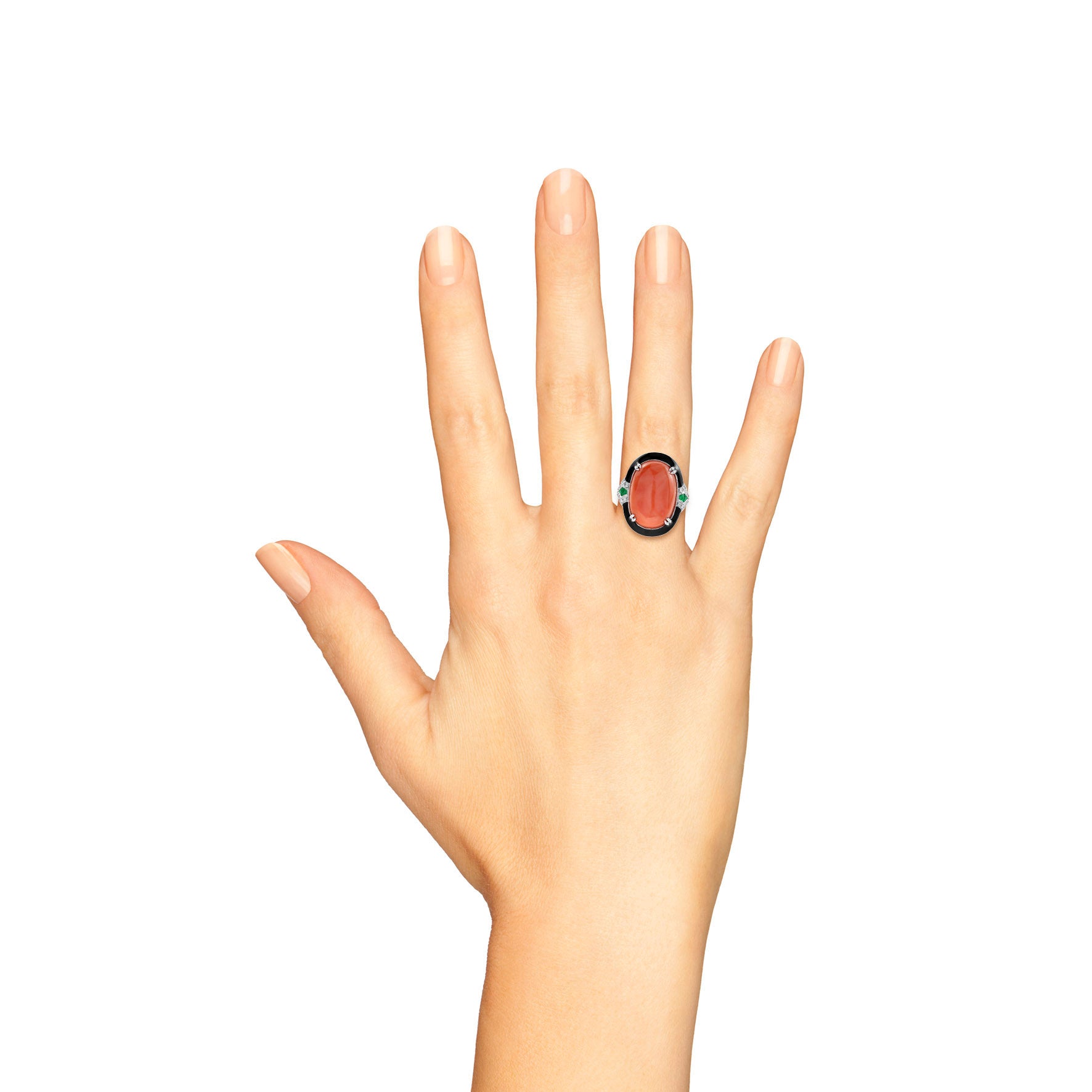 Orange Red Coral Emerald Diamond Art Deco Style 14K White Gold Black Enamel Ring