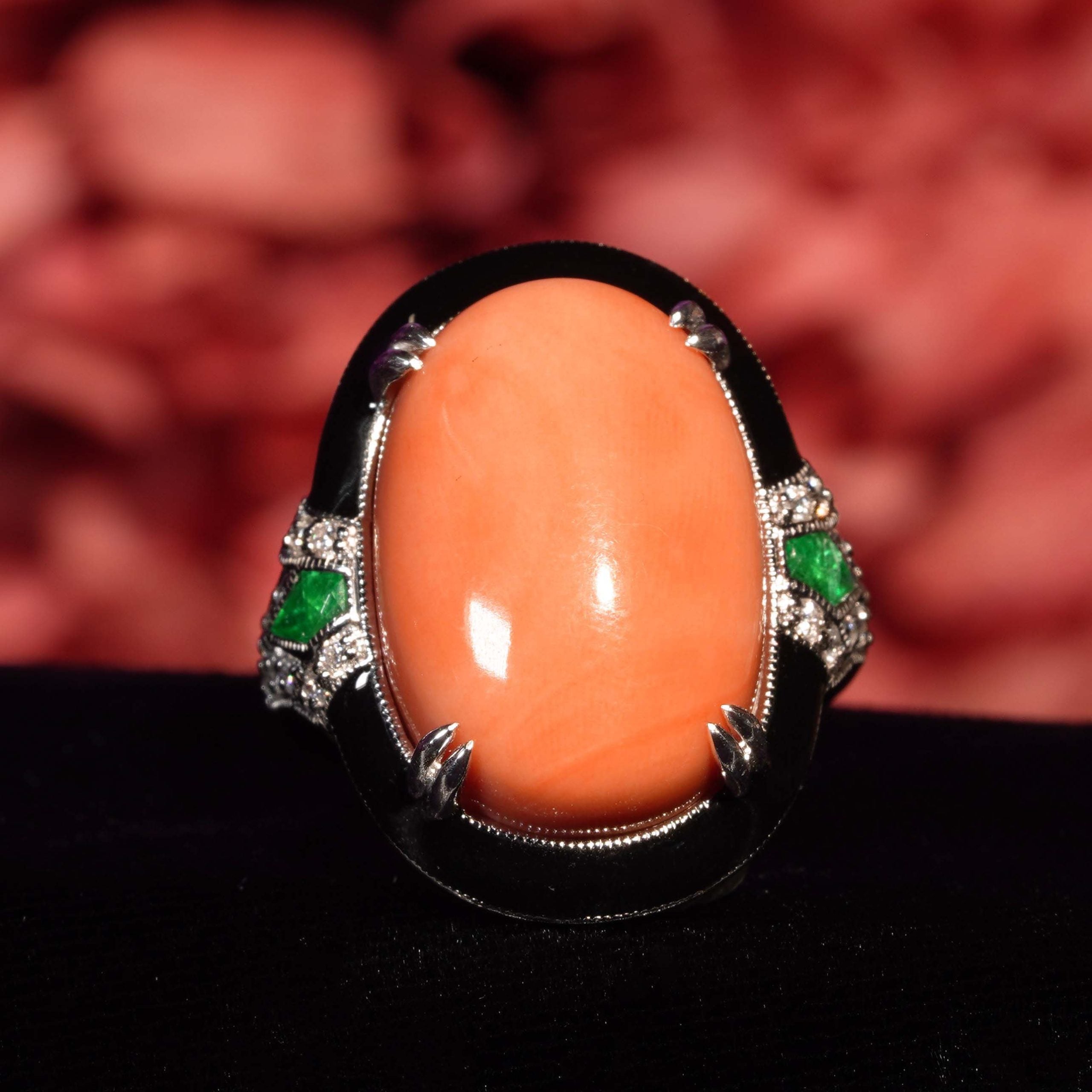Orange Red Coral Emerald Diamond Art Deco Style 14K White Gold Black Enamel Ring
