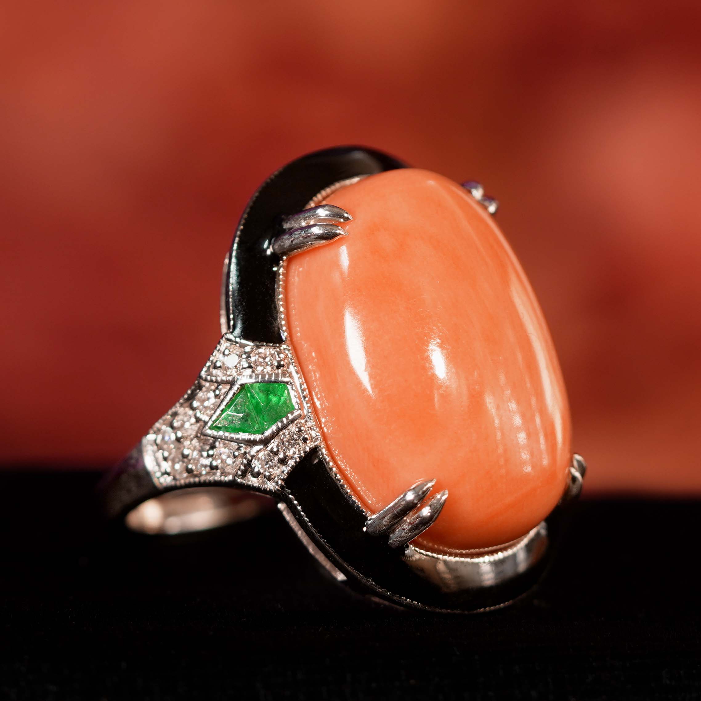 Orange Red Coral Emerald Diamond Art Deco Style 14K White Gold Black Enamel Ring