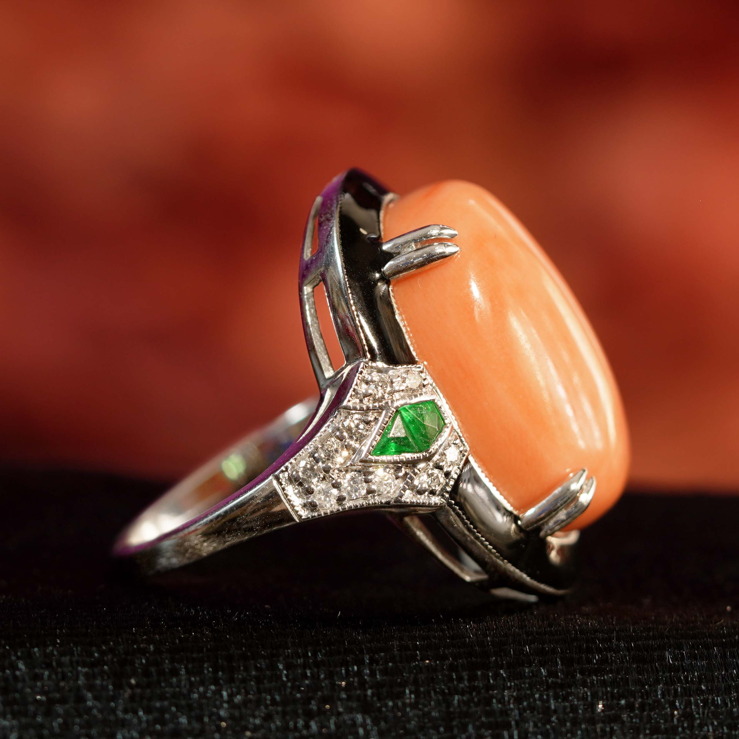 Orange Red Coral Emerald Diamond Art Deco Style 14K White Gold Black Enamel Ring