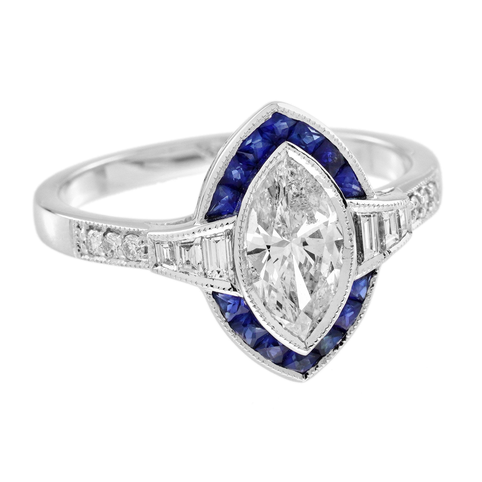 Marquise Shape Cut Diamond & Blue Sapphire Halo Art Deco Style White Gold Ring