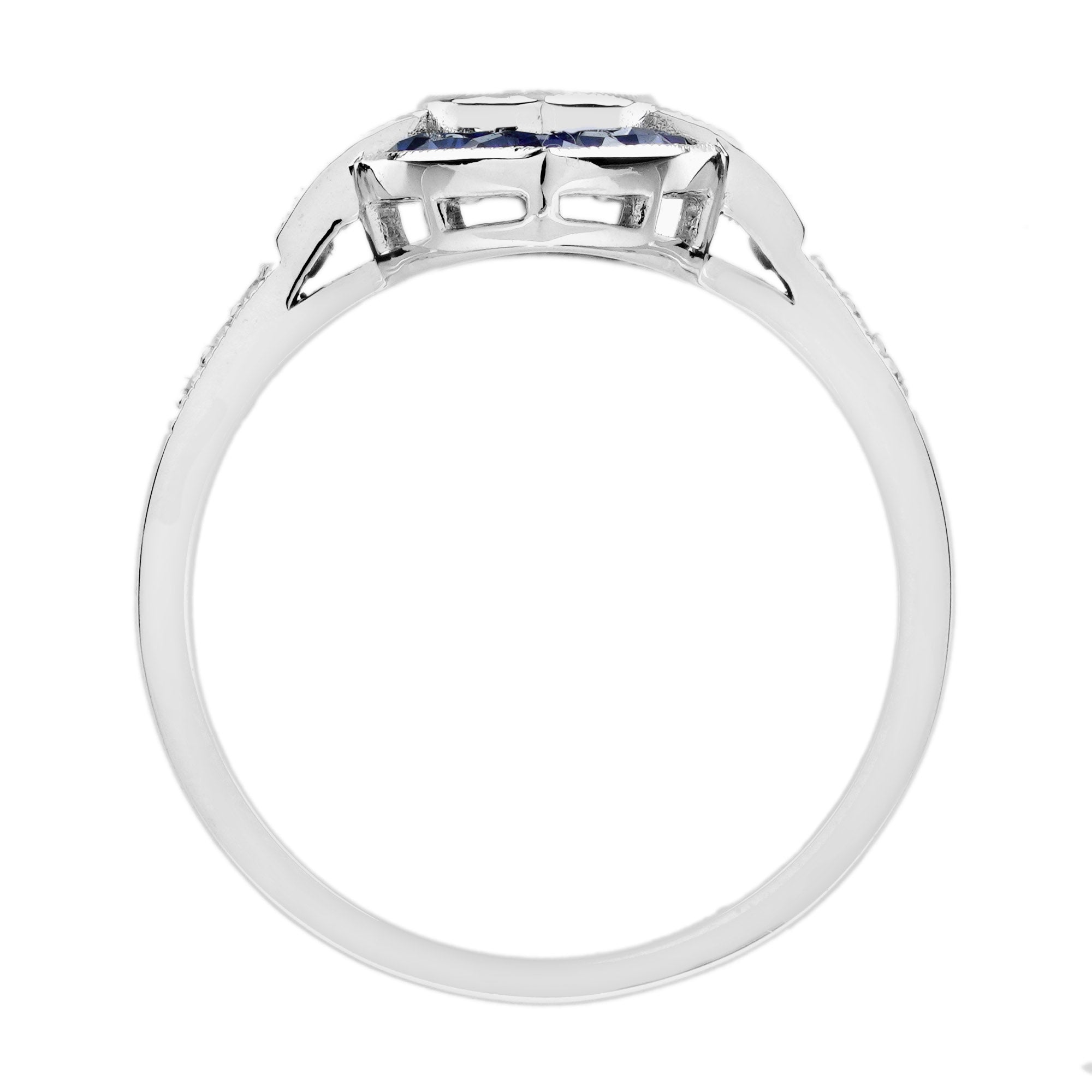 Marquise Shape Cut Diamond & Blue Sapphire Halo Art Deco Style White Gold Ring