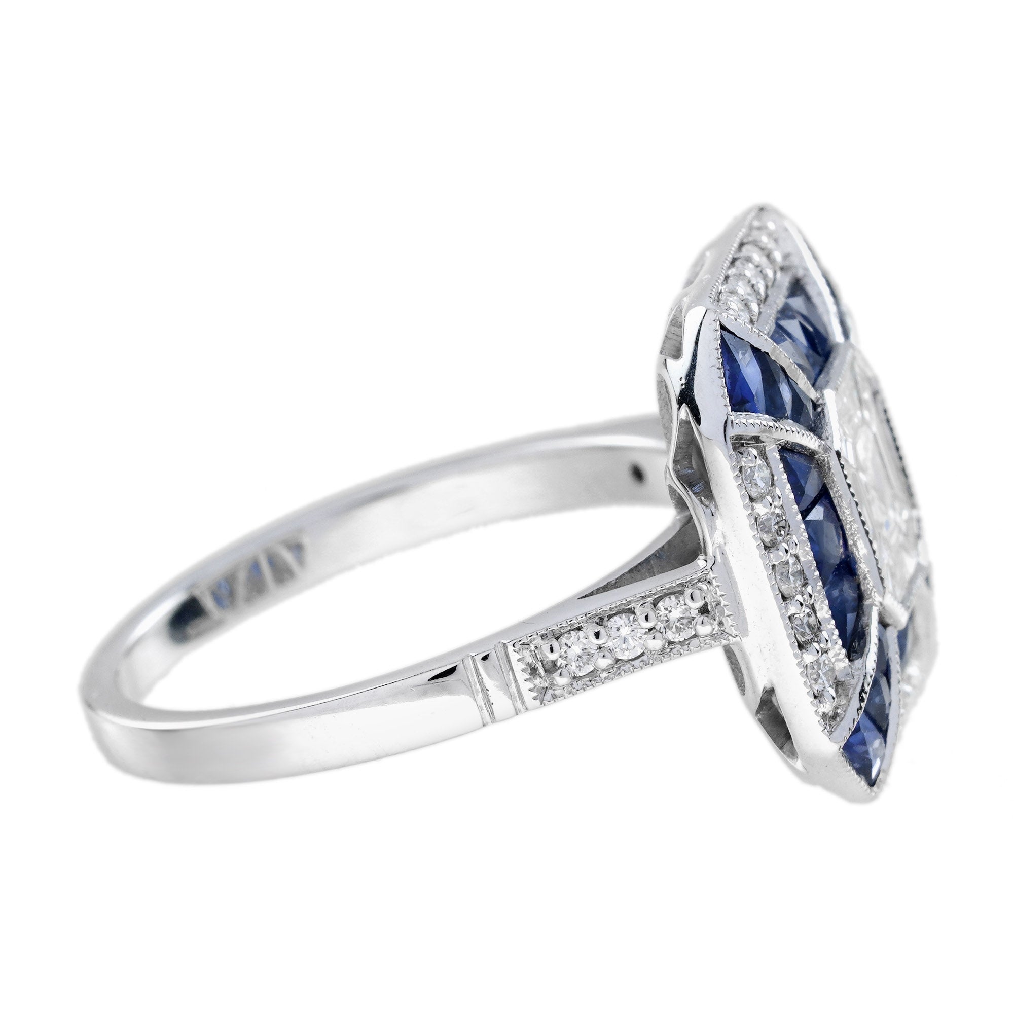Asscher Cut Diamond Illusion Set Blue Sapphire Art Deco Style Hexagon Gold Ring