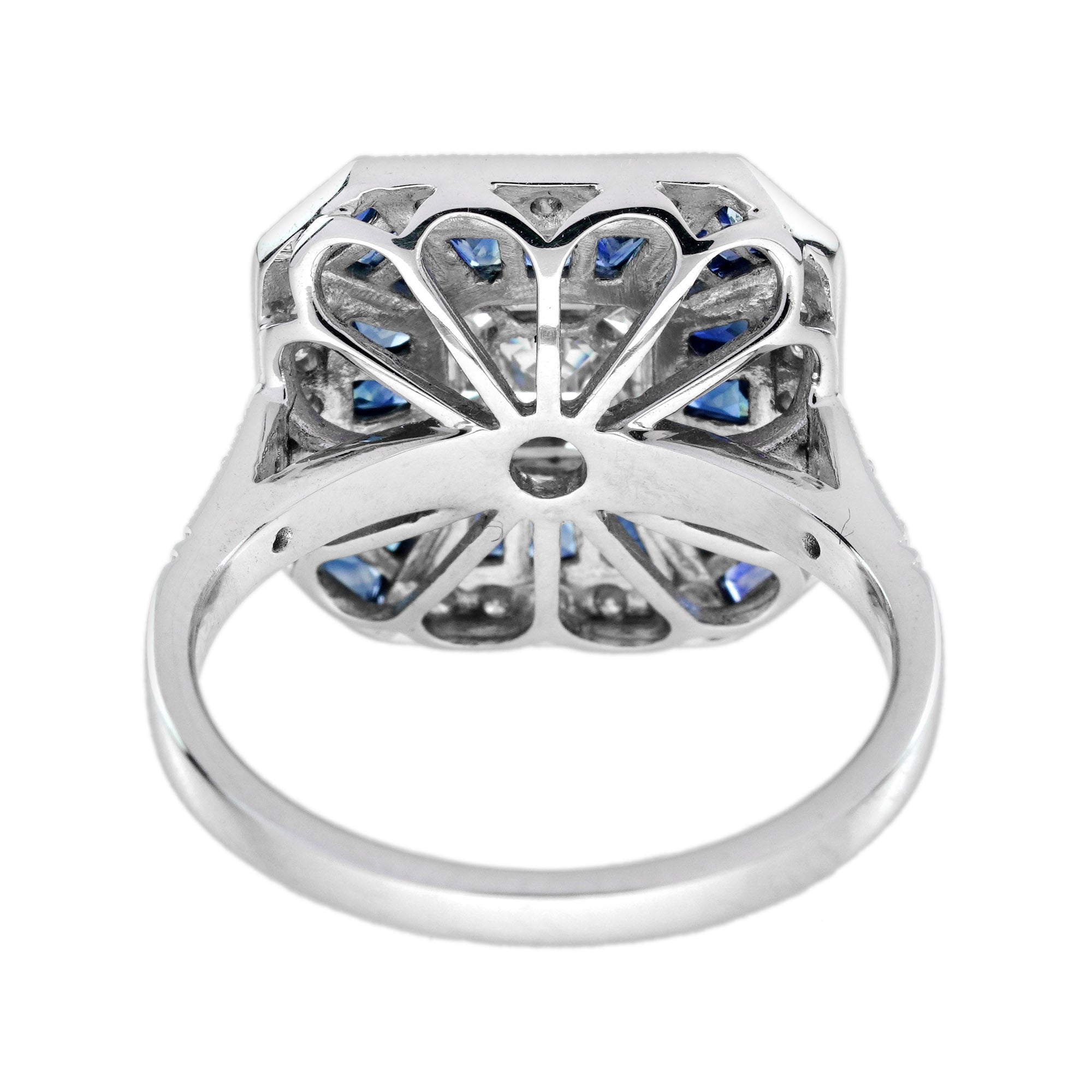 Asscher Cut Diamond Illusion Set Blue Sapphire Art Deco Style Hexagon Gold Ring