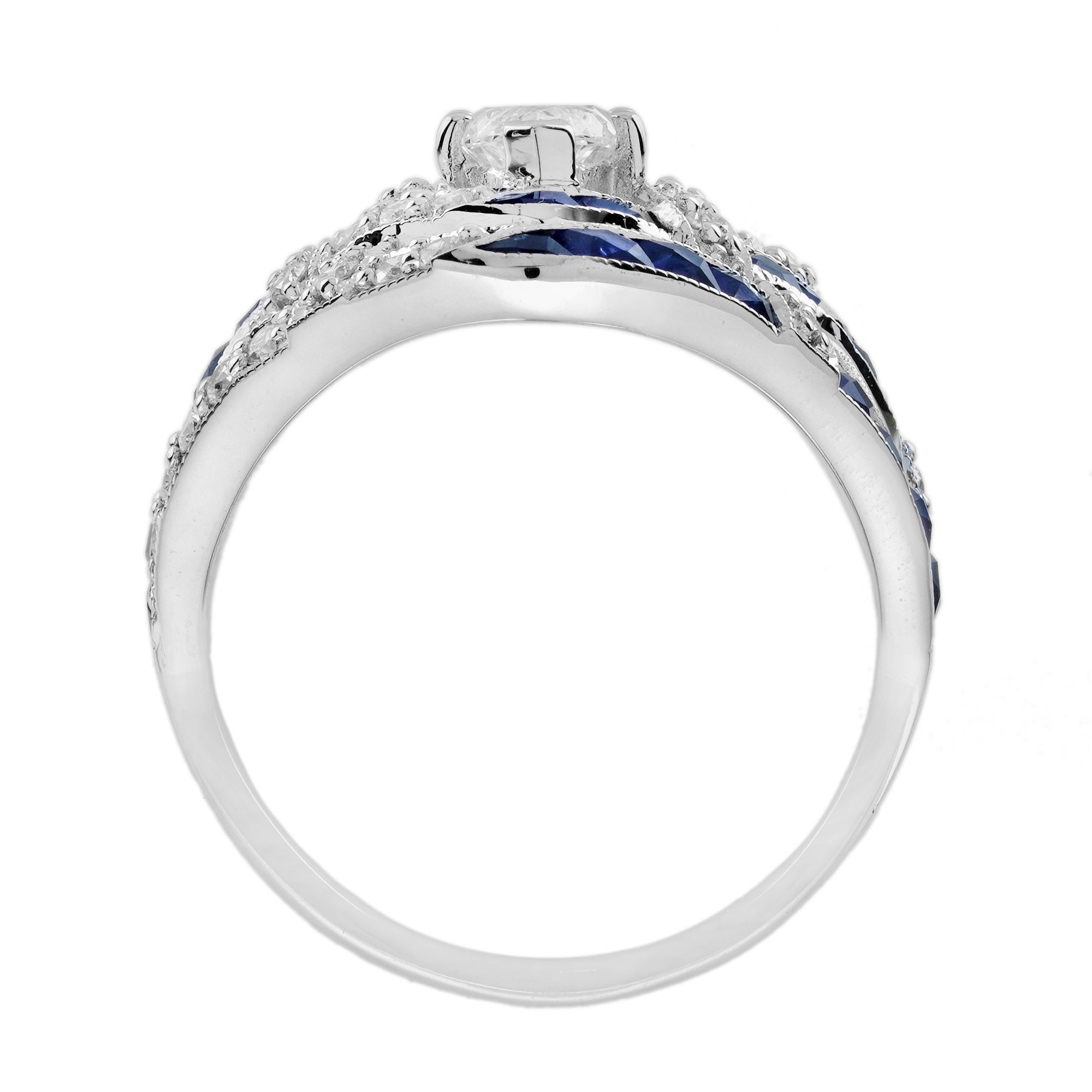GIA 1 Ct Marquise Diamond Blue Sapphire Art Deco Style 18K White Gold Ring
