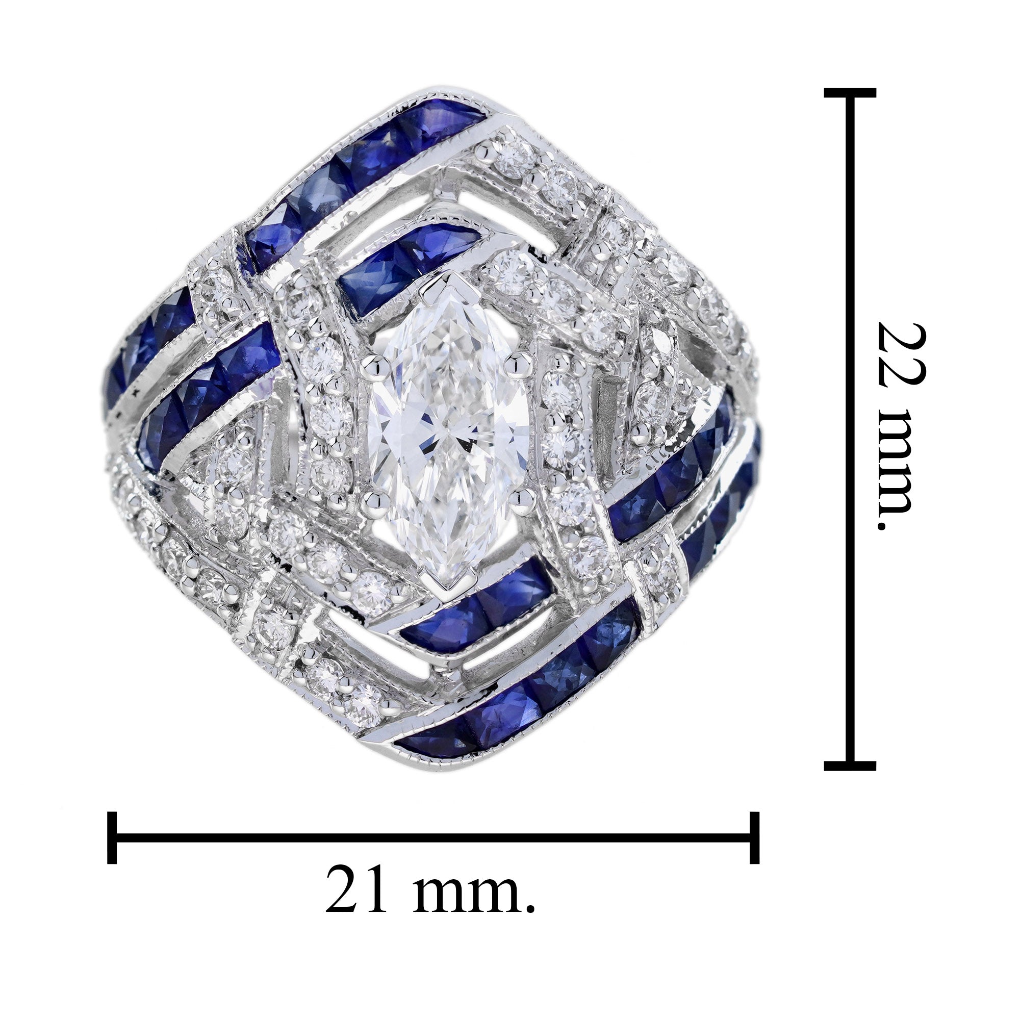 GIA 1 Ct Marquise Diamond Blue Sapphire Art Deco Style 18K White Gold Ring