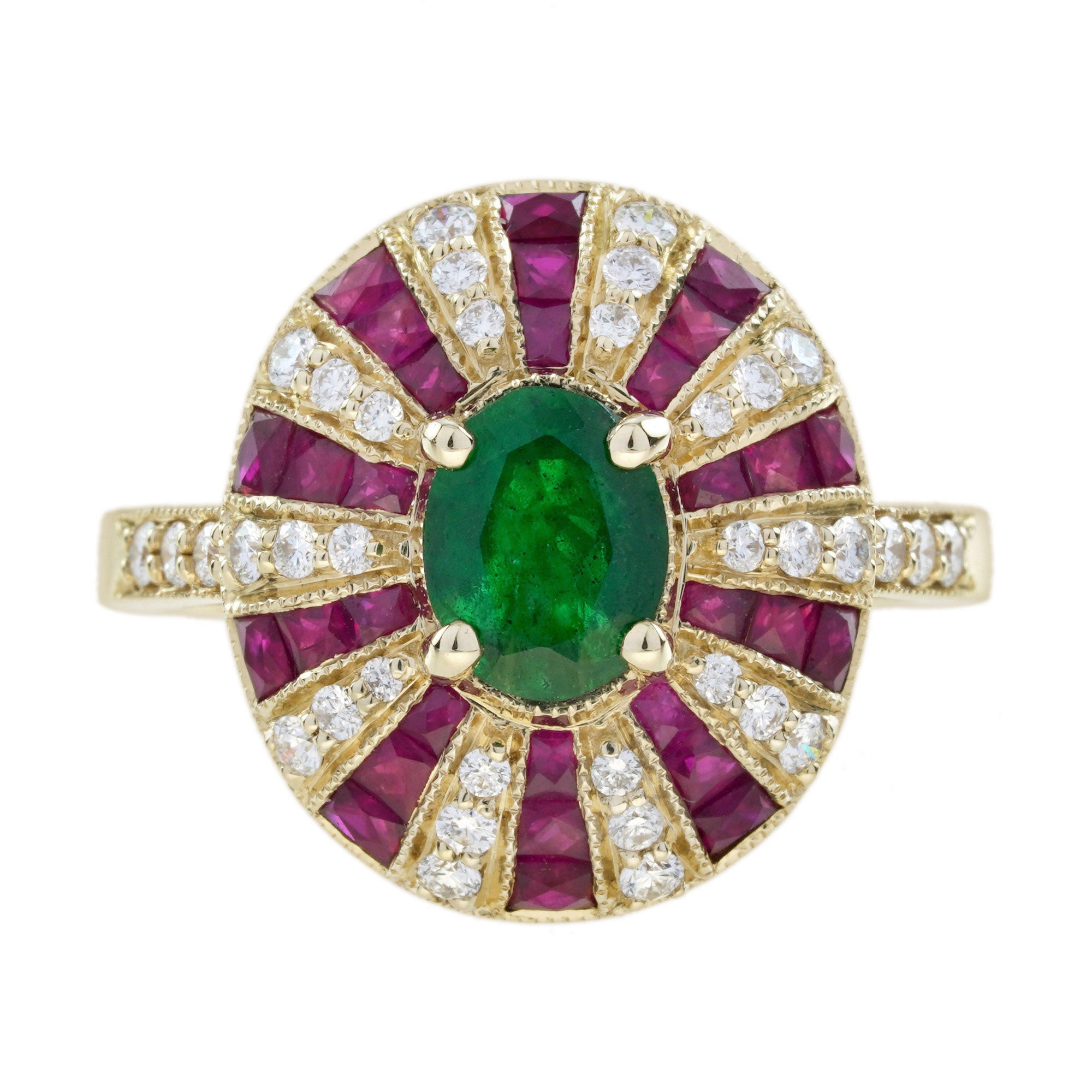 Green Emerald & Red Ruby Diamond Art Deco Style 18 Yellow Gold Ring